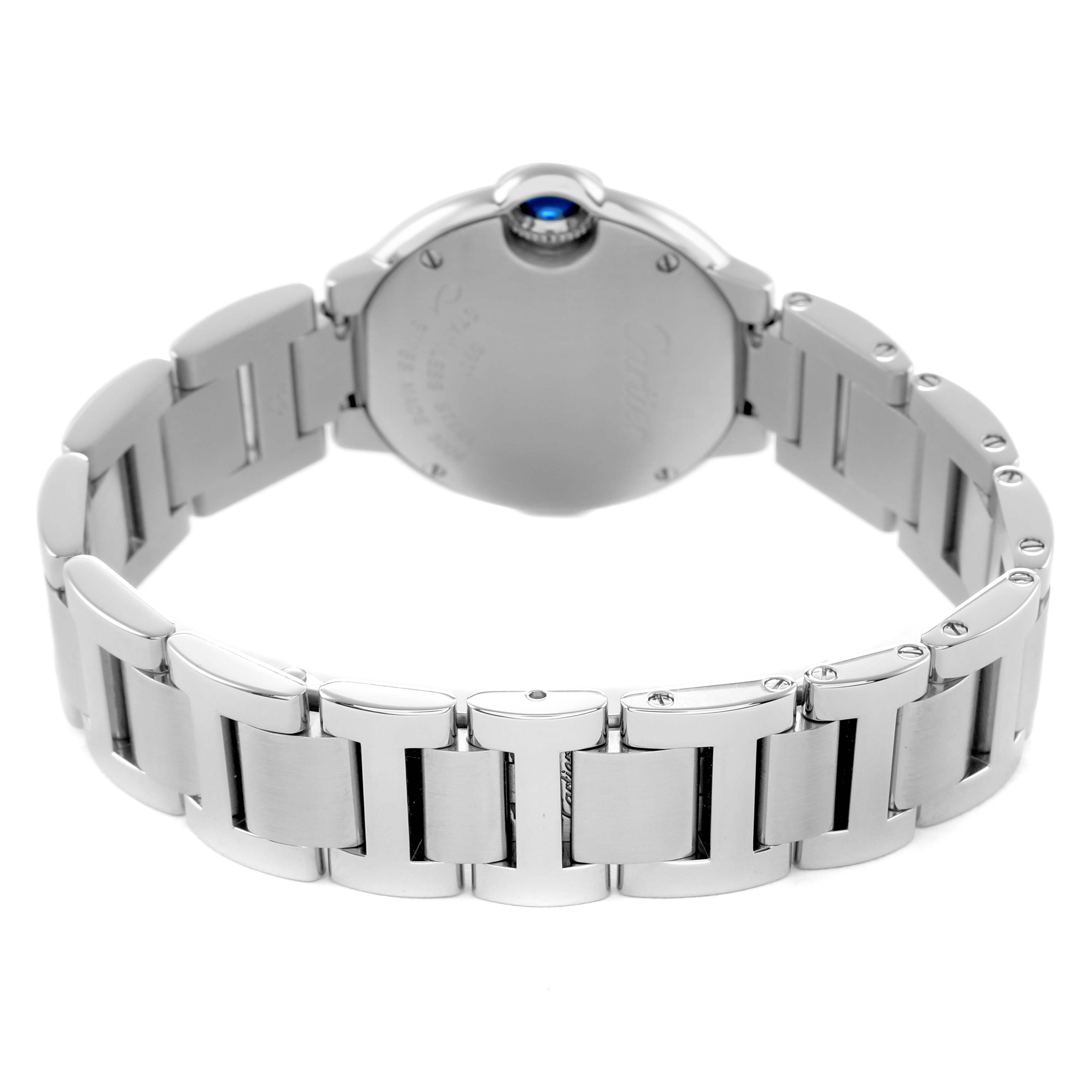 The image shows the back and bracelet of the Cartier Ballon Bleu W4BB0015 Women's Stainless Steel Silver Dial watch, highlighting the clasp and case back.