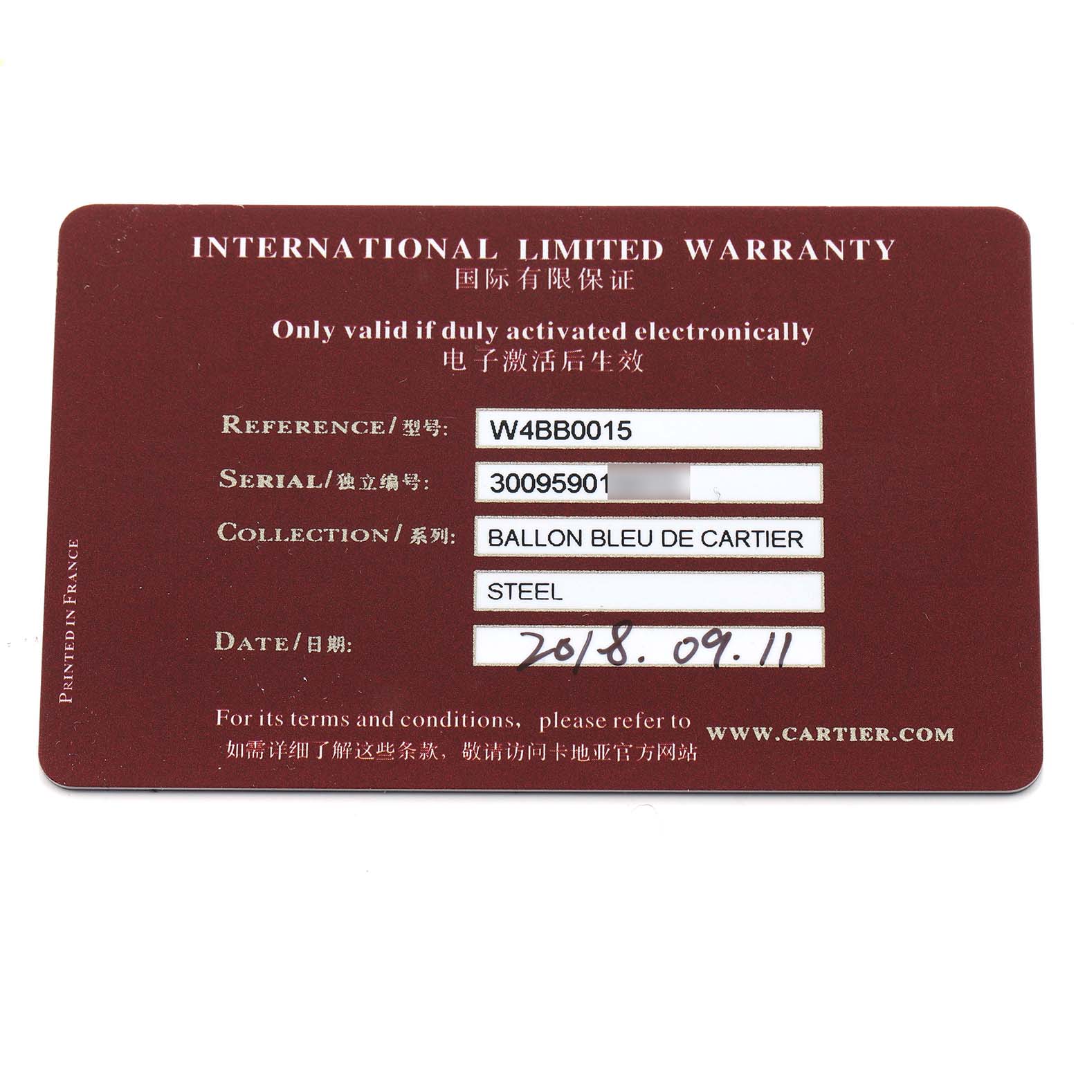 The image shows an international warranty card for the Ballon Bleu de Cartier watch model, with reference and serial details.
