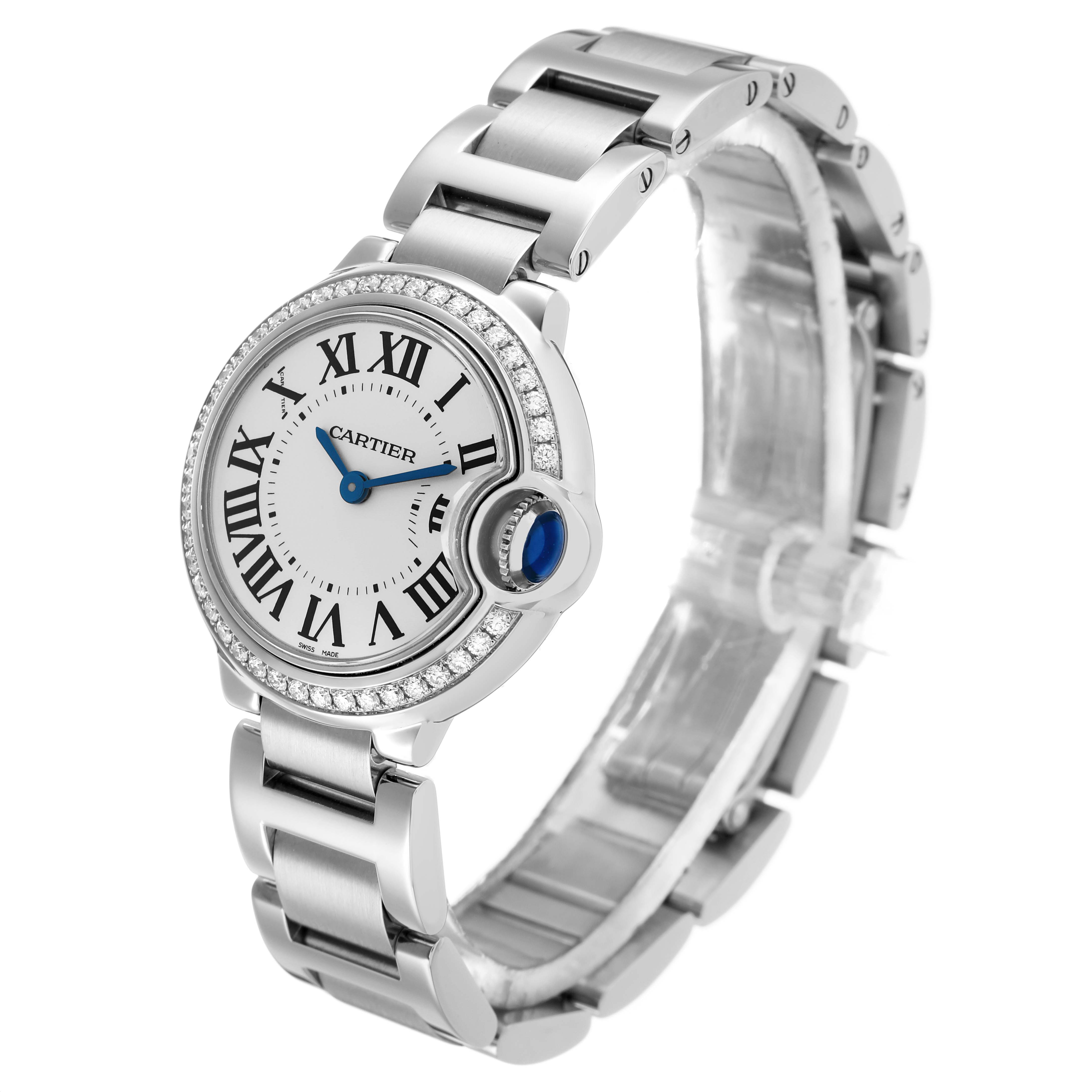 The Cartier Ballon Bleu W4BB0015 Women's Stainless Steel Silver Dial watch is shown from a side angle, highlighting the face, bracelet, and the distinct sapphire crown.