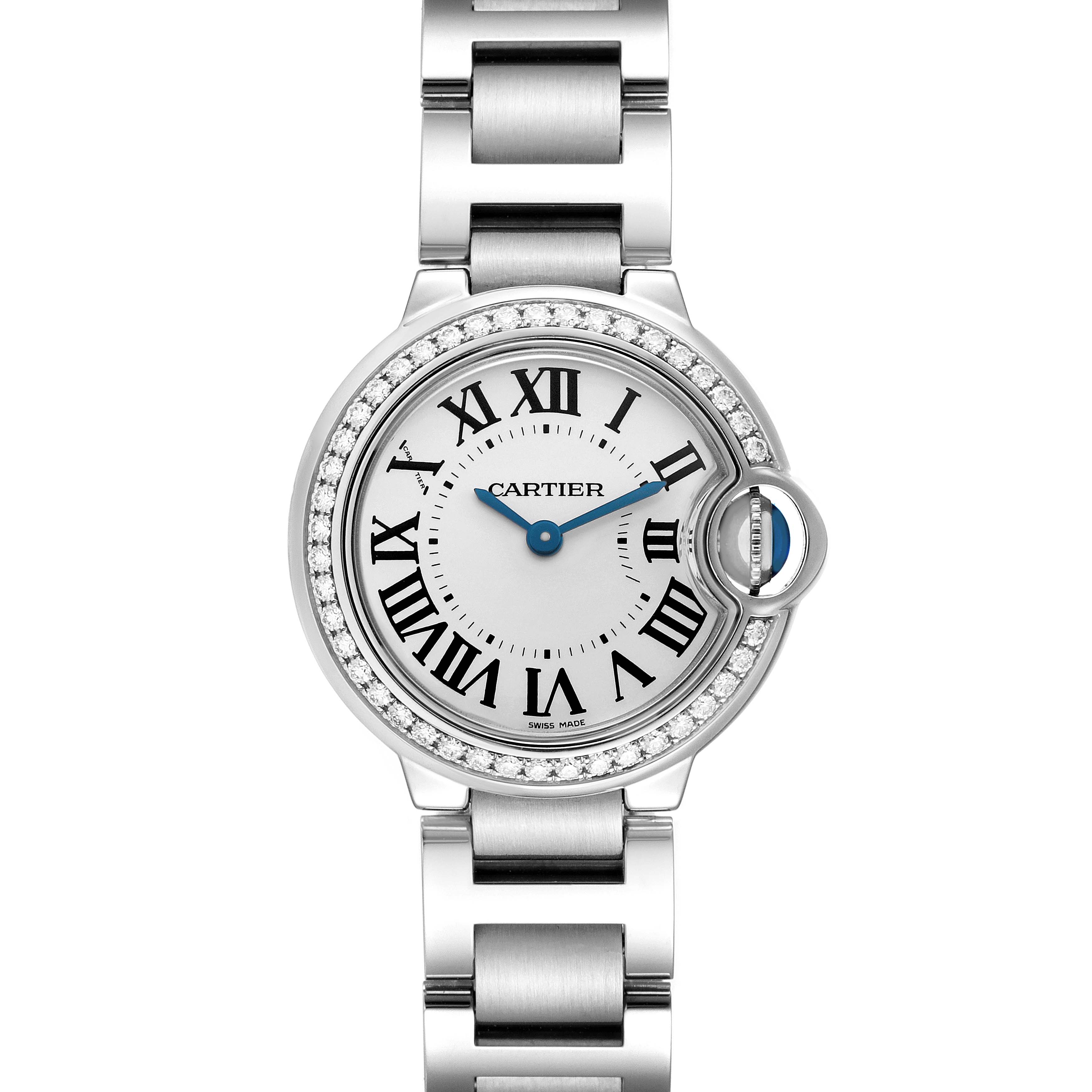 The Cartier Ballon Bleu W4BB0015 Women's Stainless Steel Silver Dial watch is shown from the front, displaying the dial, Roman numerals, and the crown with a blue stone.