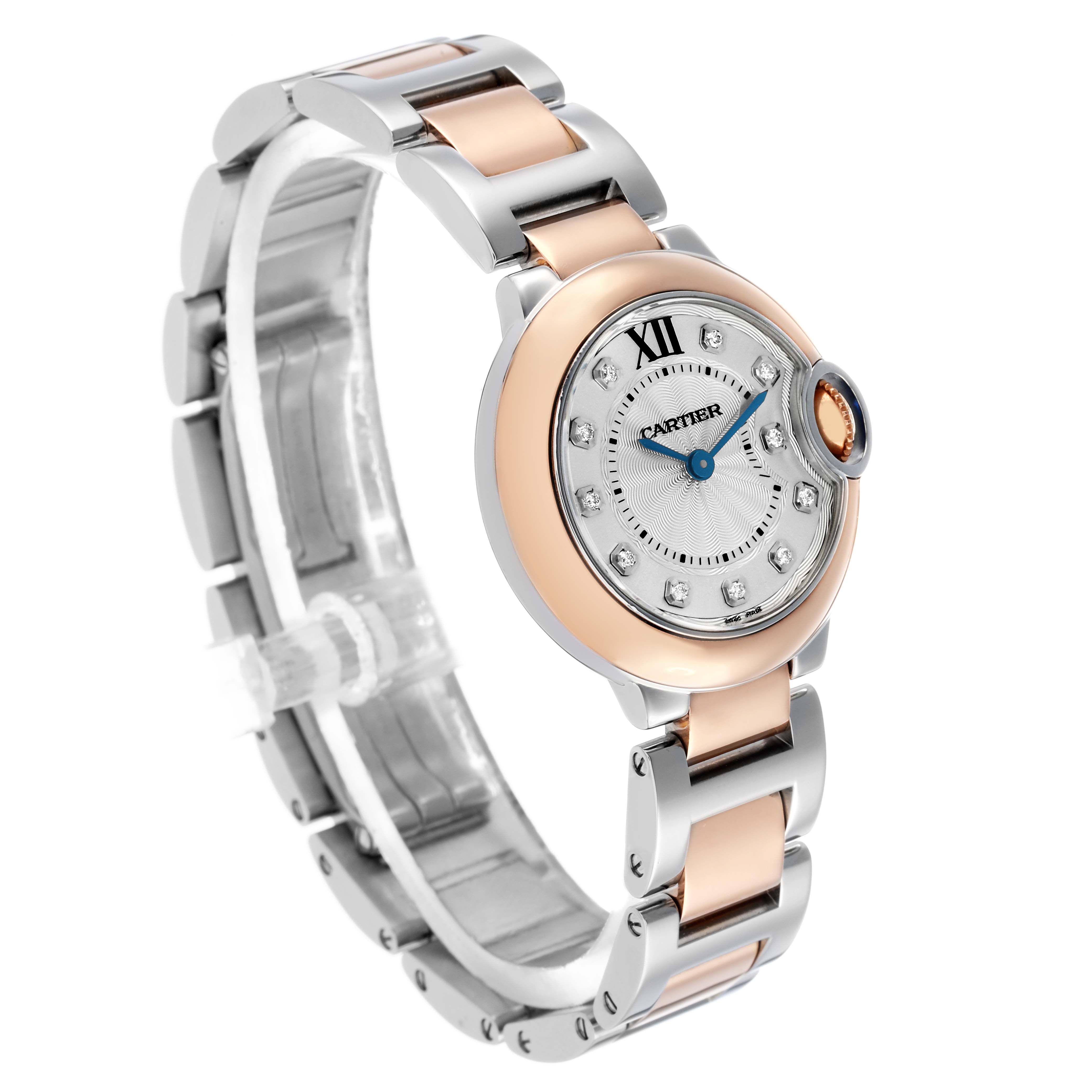 The Cartier Ballon Bleu W3BB0005 Women's Steel and Gold (two tone) Silver Dial watch is shown at a three-quarter angle, highlighting the face, bracelet, and crown.