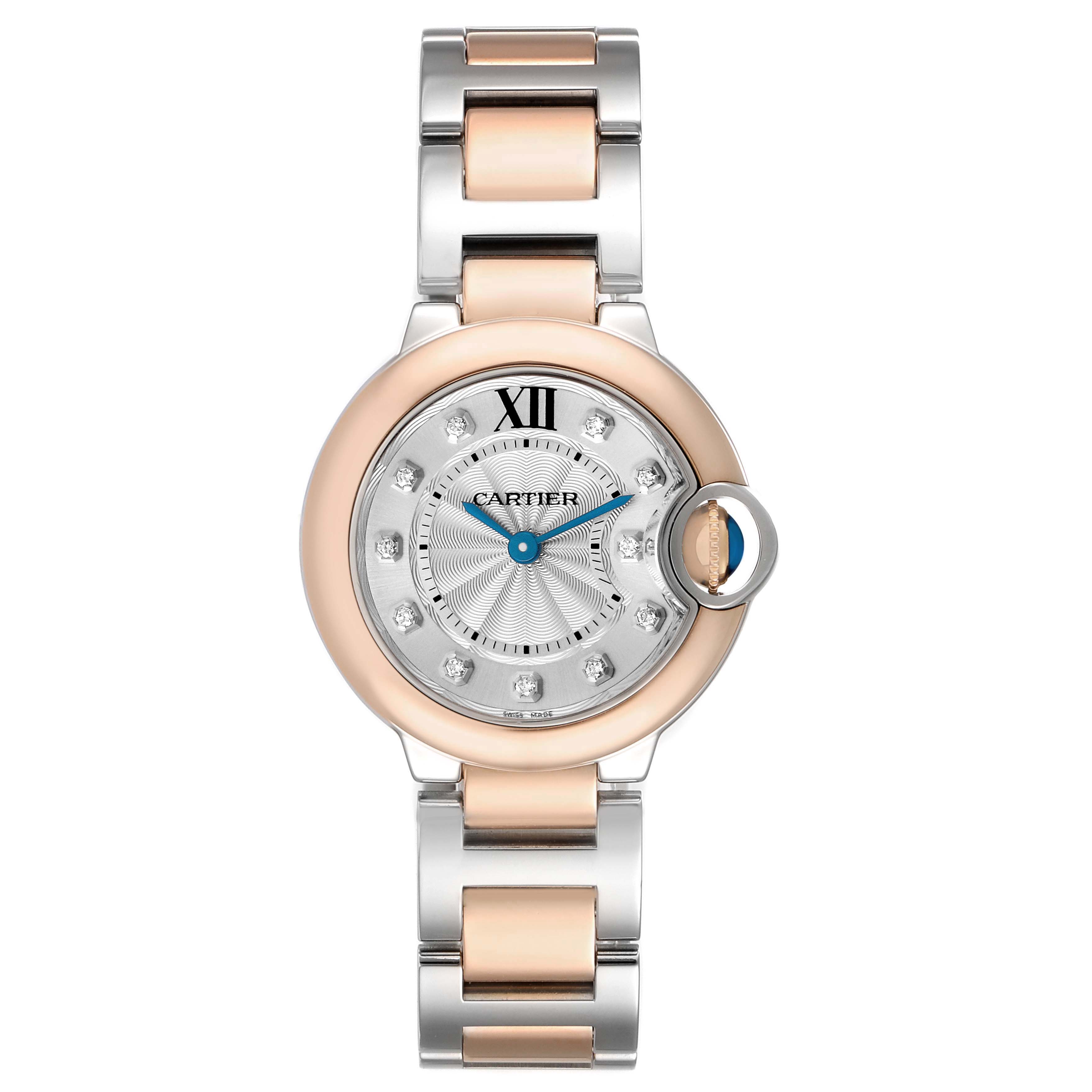 The Cartier Ballon Bleu W3BB0005 Women's Steel and Gold (two tone) Silver Dial watch is shown from a top-down view, displaying its round case, crown, and mixed metal bracelet.