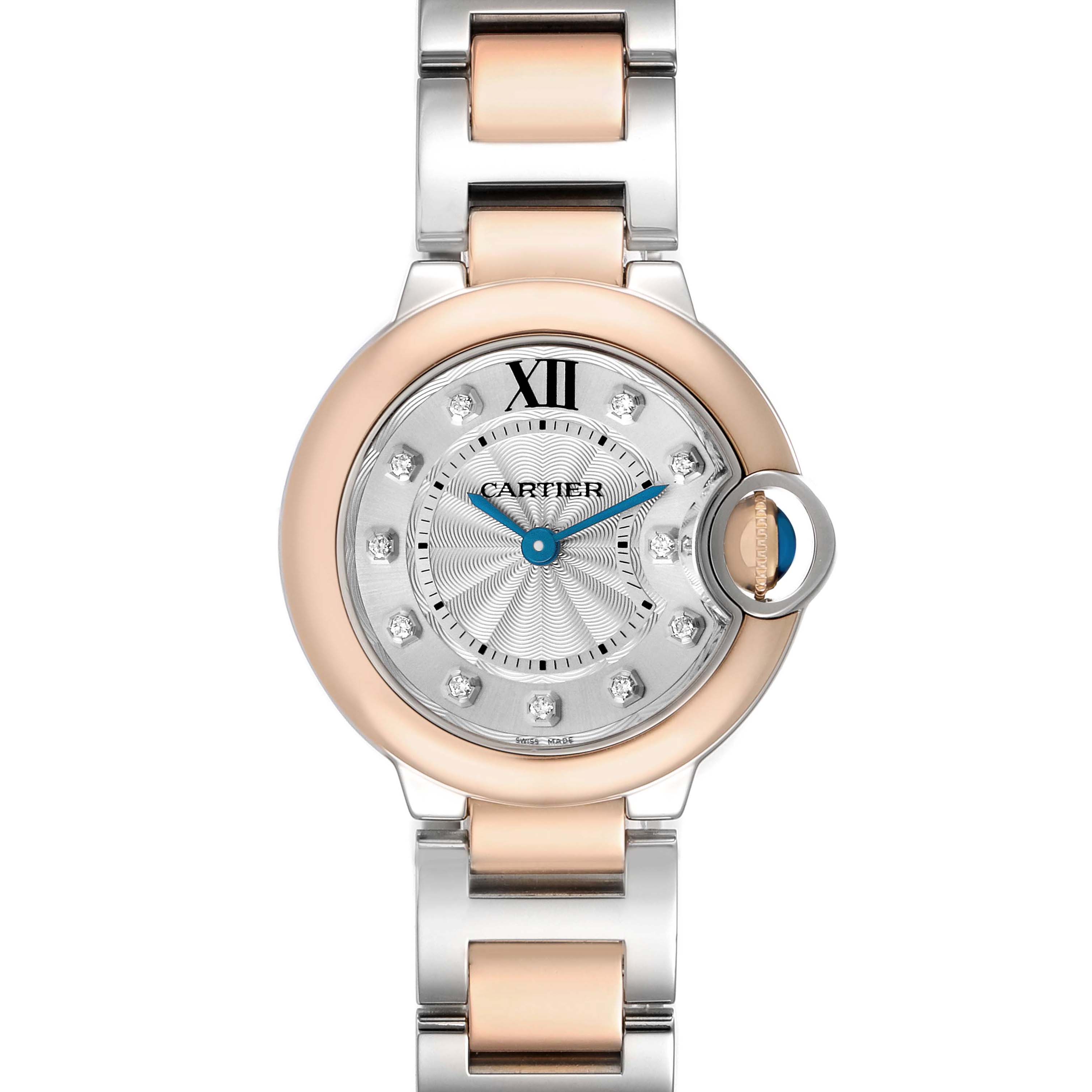 The image displays a front view of the Cartier Ballon Bleu W3BB0005 Women's Steel and Gold (two tone) Silver Dial watch, highlighting its round case, bracelet, and Roman numeral at 12 o'clock.
