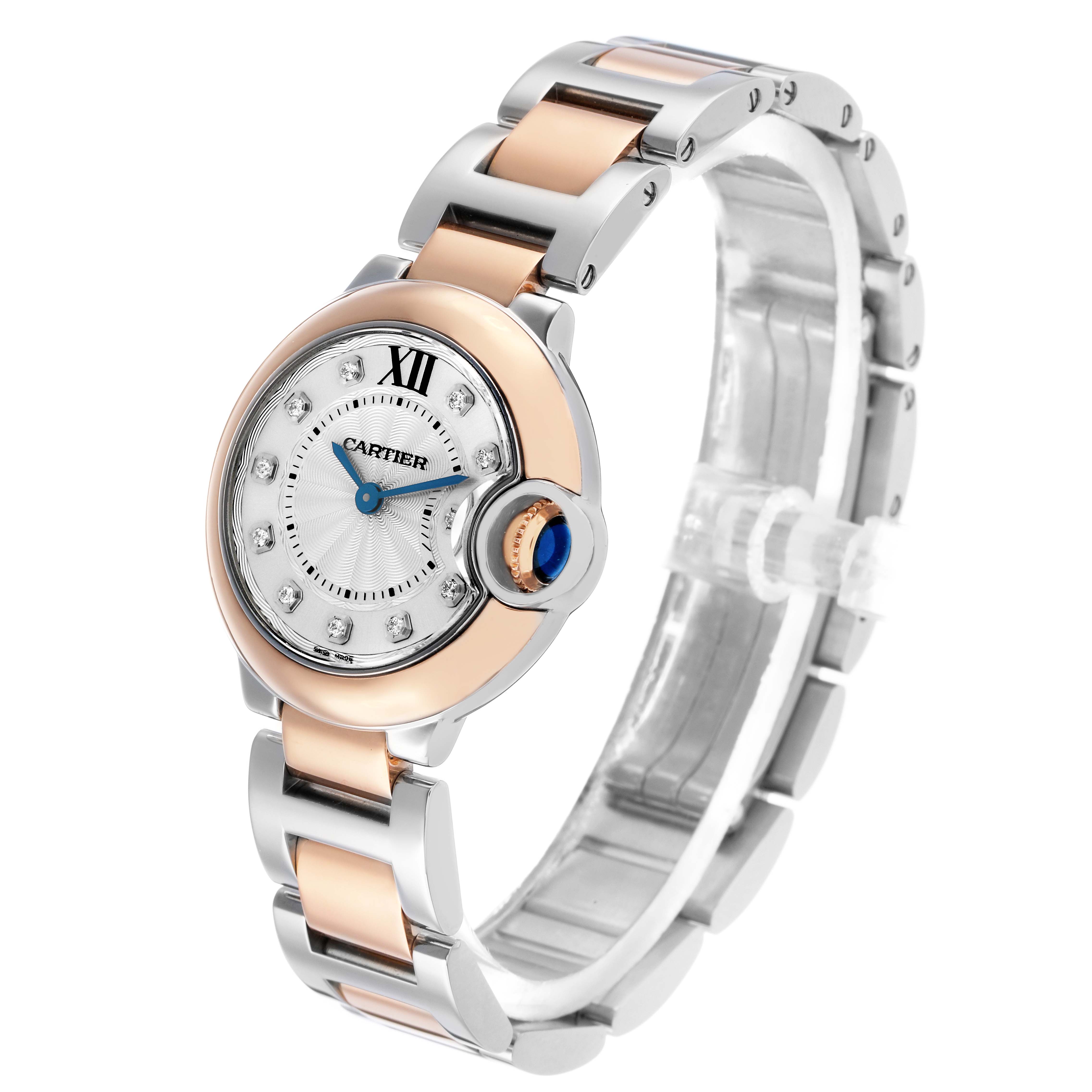 This Cartier Ballon Bleu W3BB0005 Women's Steel and Gold (two tone) Silver Dial watch is shown from a three-quarter angle, displaying its face, crown, and two-tone bracelet.
