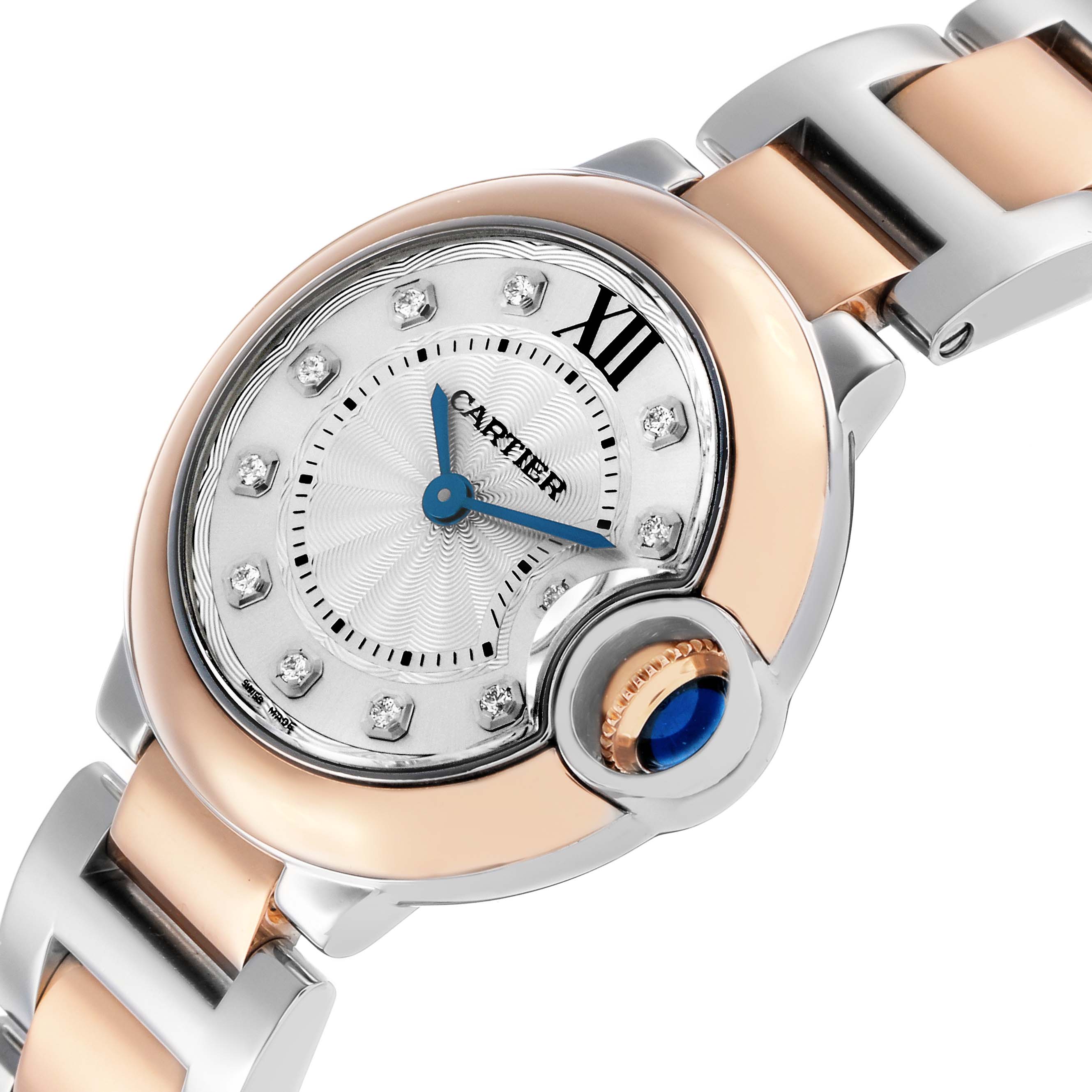 The image shows the dial and part of the bracelet of a Cartier Ballon Bleu W3BB0005 Women's Steel and Gold (two tone) Silver Dial watch at an oblique angle.