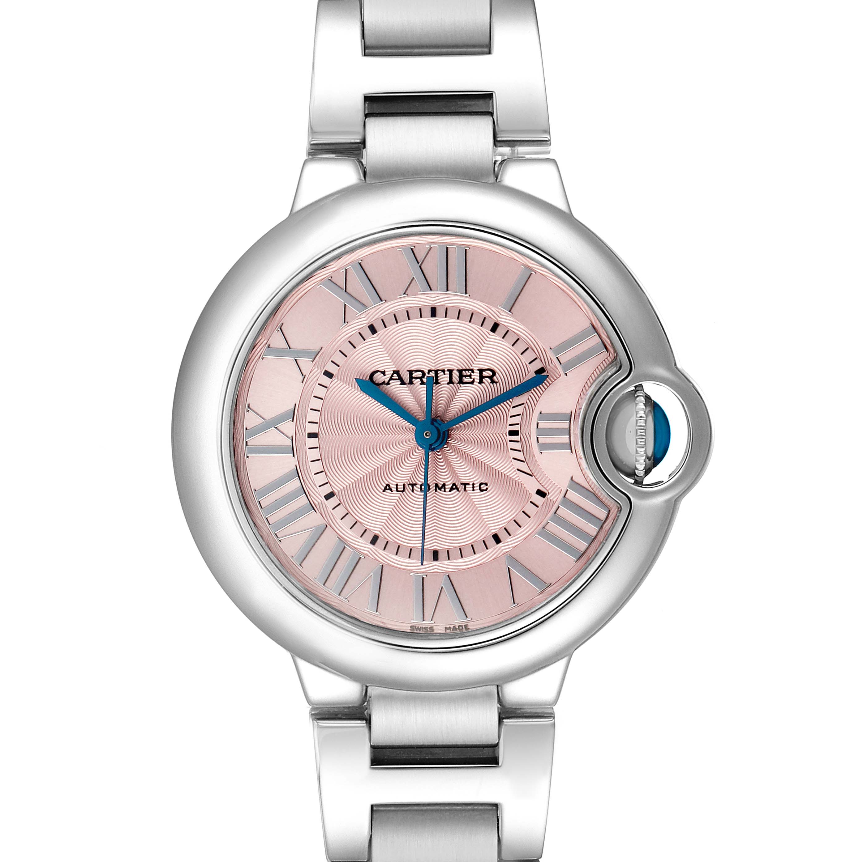 The Cartier Ballon Bleu W6920100 Women's Stainless Steel Pink Dial watch is shown from a frontal angle, highlighting its pink dial, Roman numerals, and crown with blue cabochon.