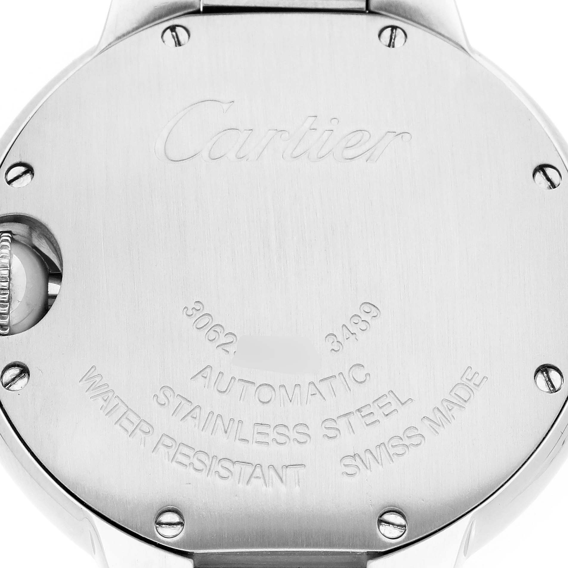 The image shows the back case of a Cartier Ballon Bleu W6920100 Women's Stainless Steel Pink Dial watch, highlighting the brand engraving and technical details.