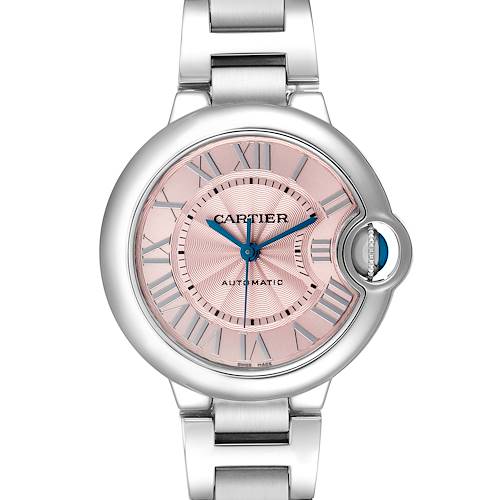 The Cartier Ballon Bleu W6920100 Women's Stainless Steel Pink Dial watch is shown from a front angle, highlighting its pink dial, Roman numerals, and stainless steel bracelet.