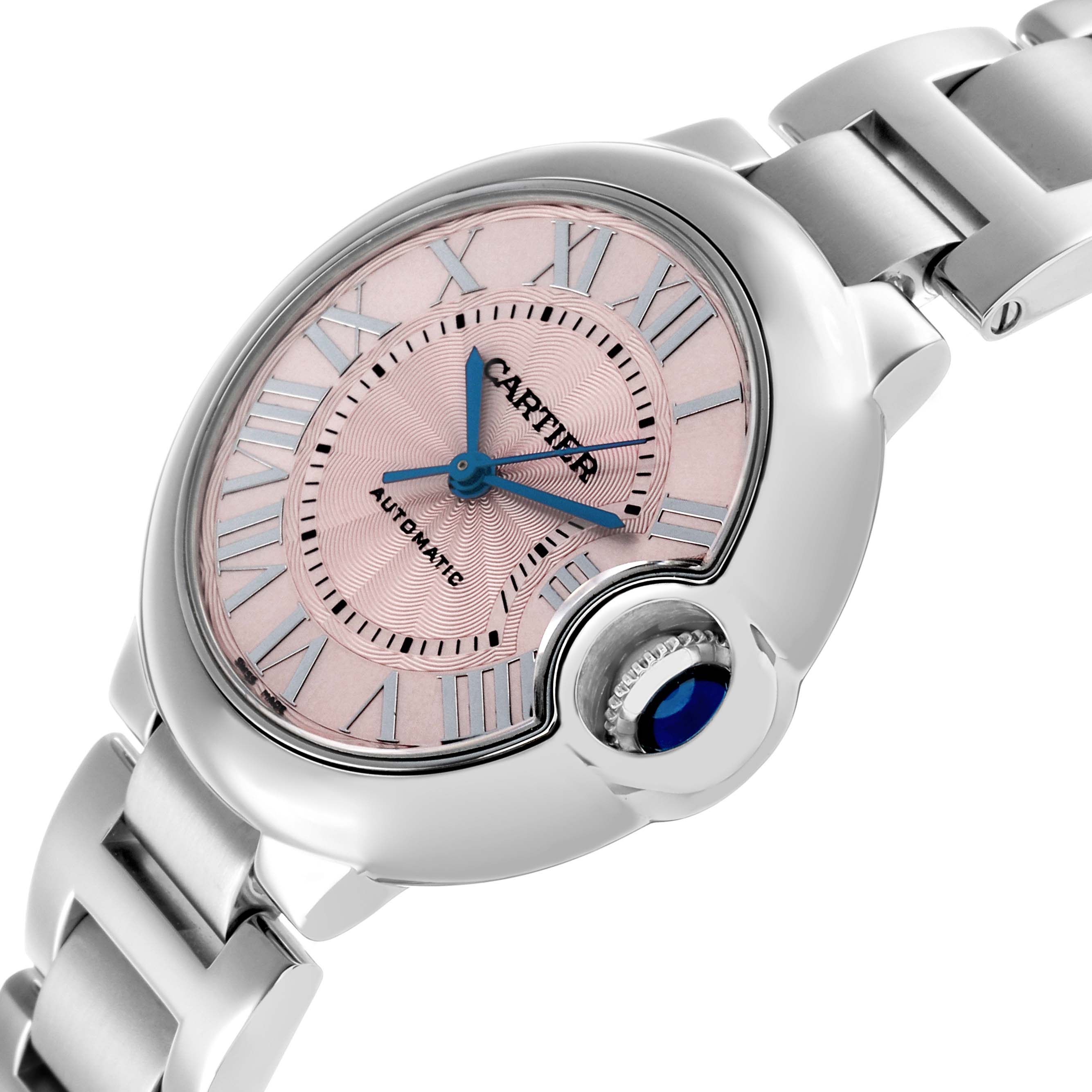 The Cartier Ballon Bleu W6920100 Women's Stainless Steel Pink Dial watch is shown at a slight angle, highlighting its pink dial, blue hands, and distinctive crown with a blue cabochon.