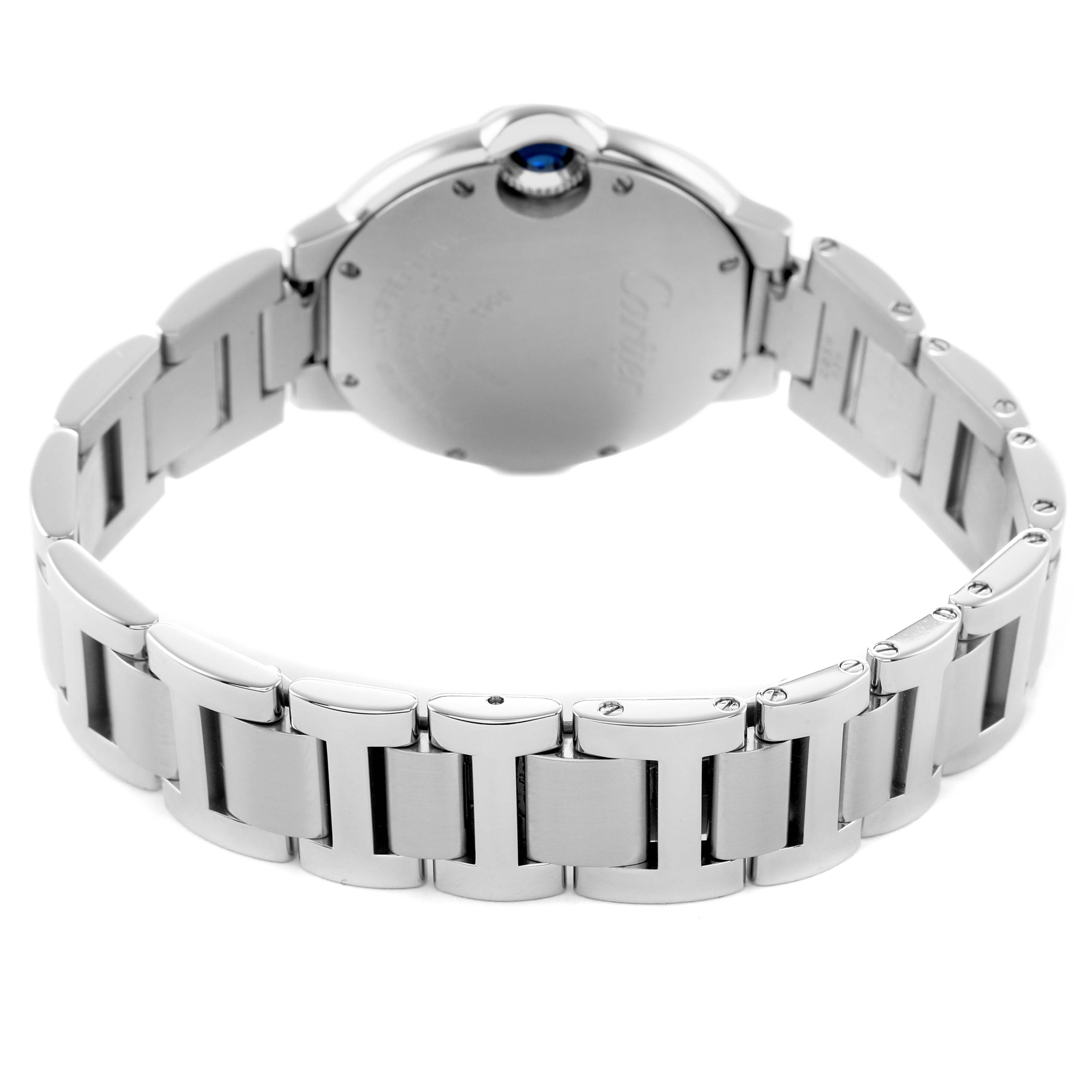 The image shows the back and bracelet of the Cartier Ballon Bleu W6920100 Women's Stainless Steel Pink Dial watch from a rear angle, highlighting the metal links and clasp.