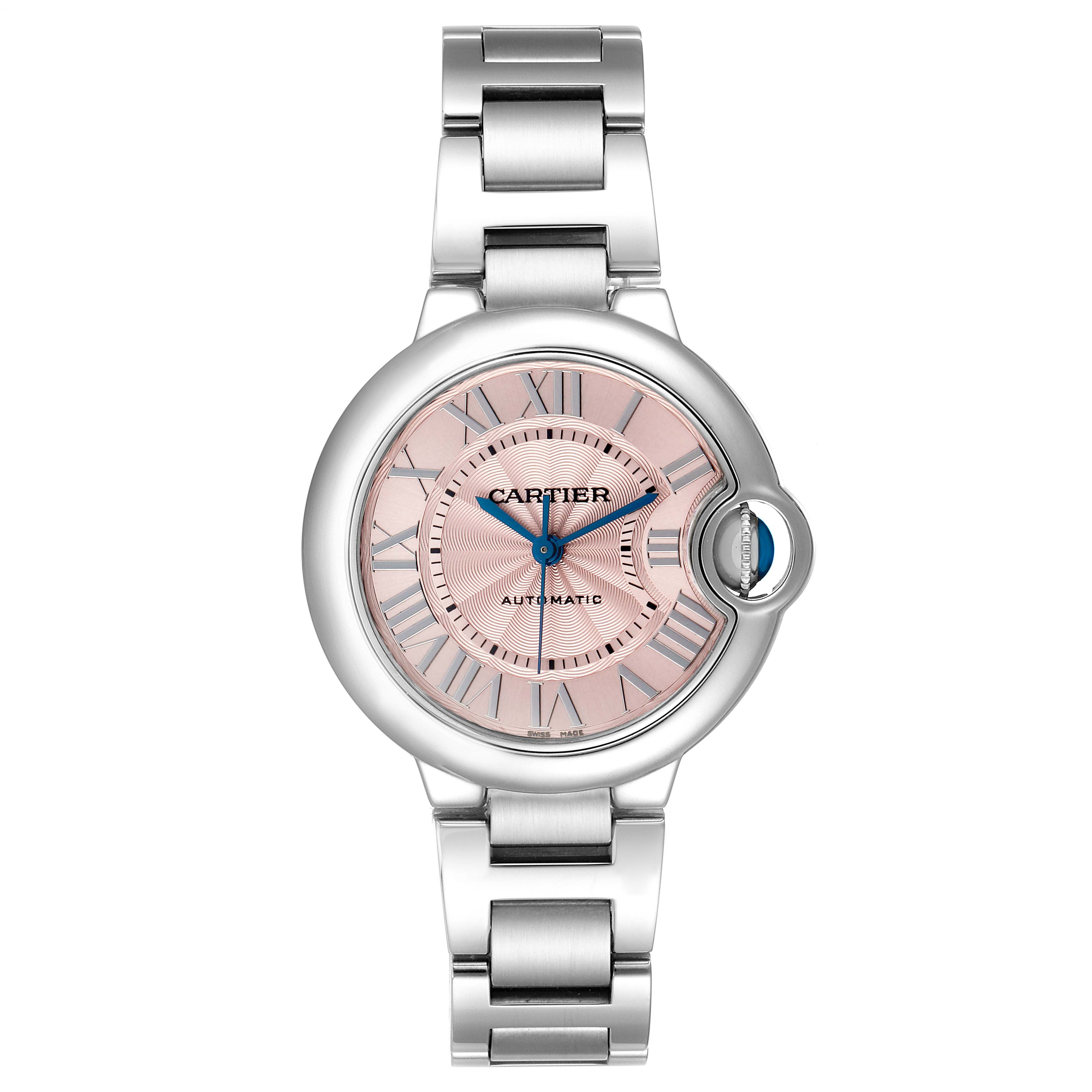 The image shows a front view of the Cartier Ballon Bleu W6920100 Women's Stainless Steel Pink Dial watch, displaying its face, hands, Roman numerals, and bracelet.