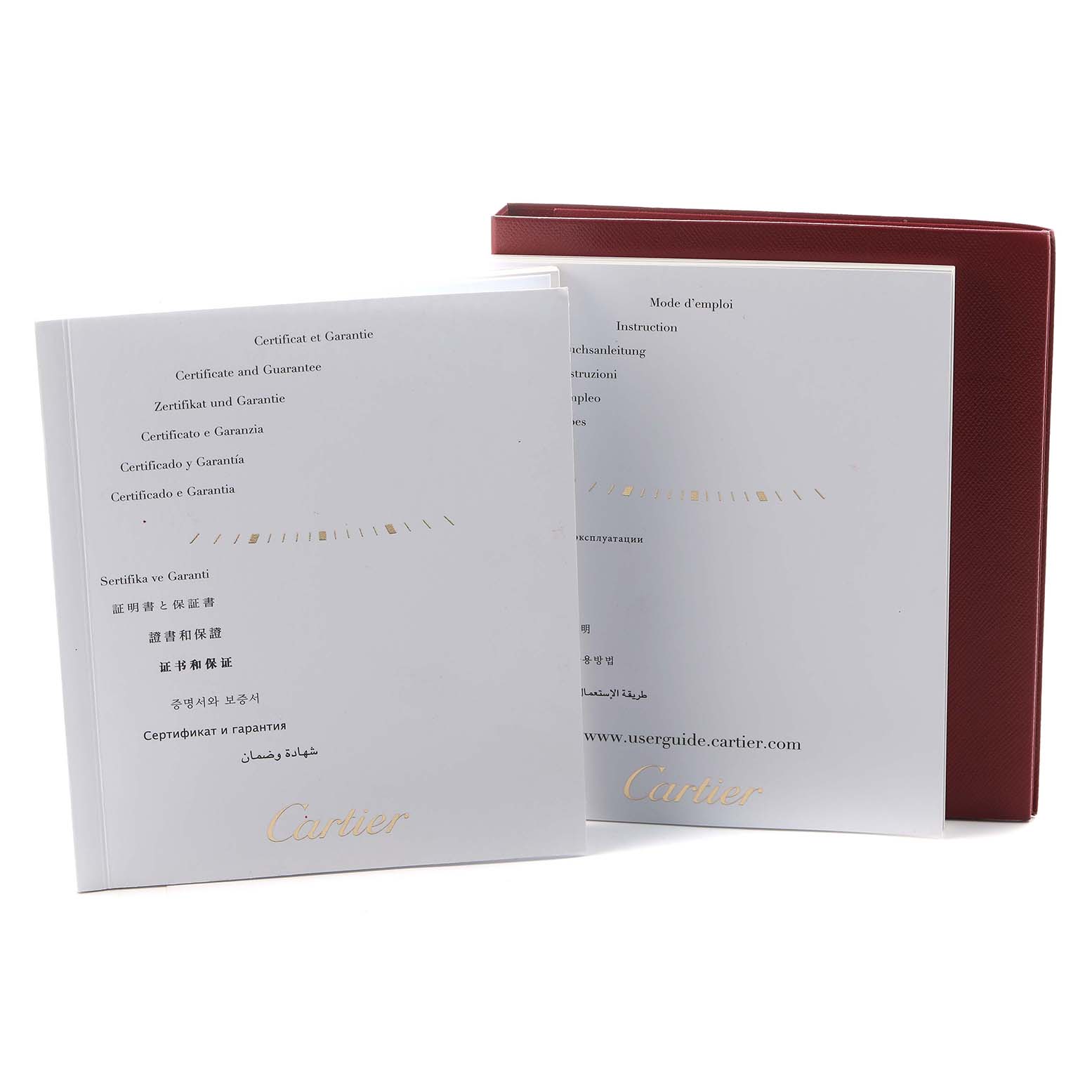 The image shows the certificates and instruction manuals for the Cartier Ballon Bleu W6920100 Women's Stainless Steel Pink Dial model, displayed with a red case.