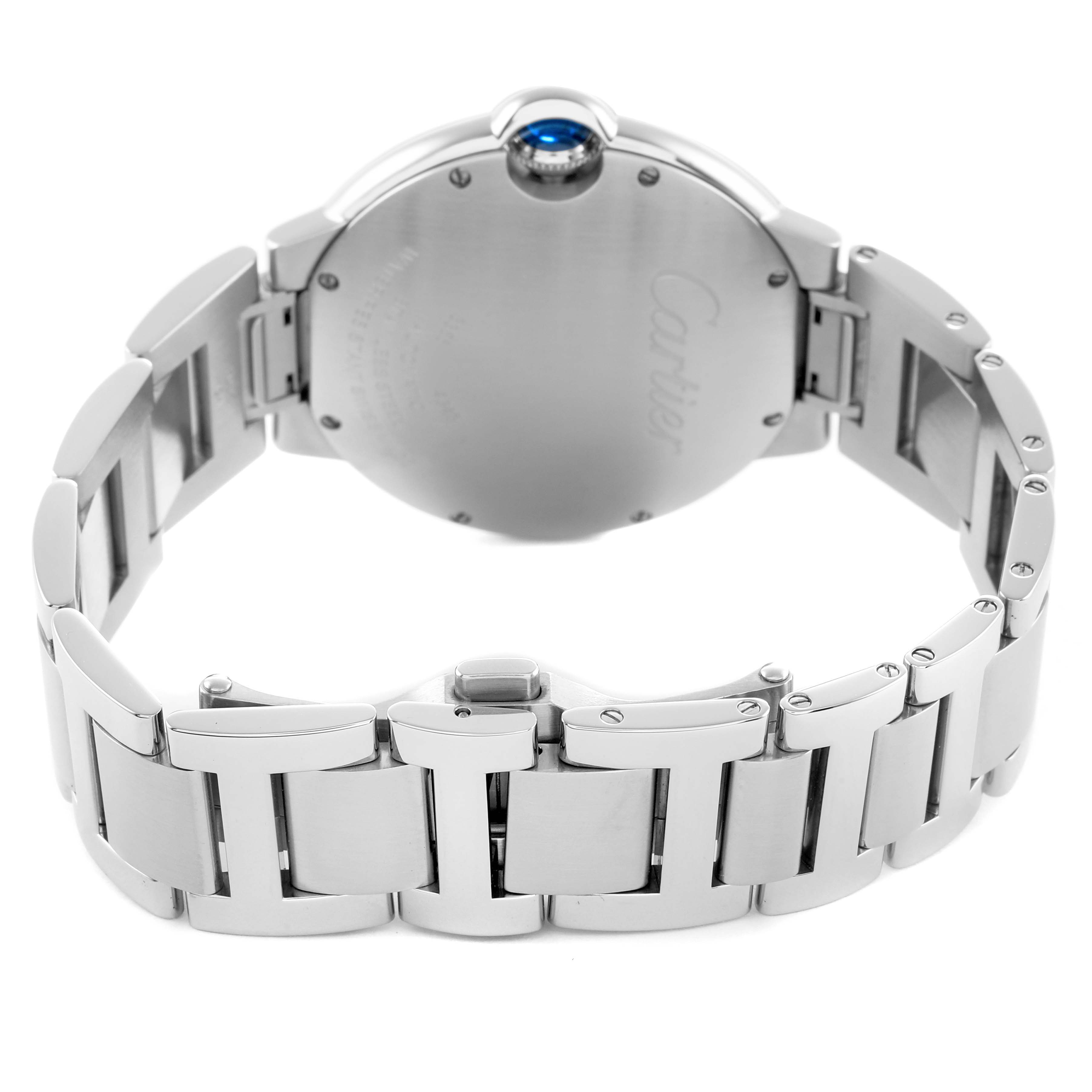 The image shows the back of the Cartier Ballon Bleu WSBB0061 Men's Stainless Steel Blue Dial watch, highlighting the bracelet and case back.