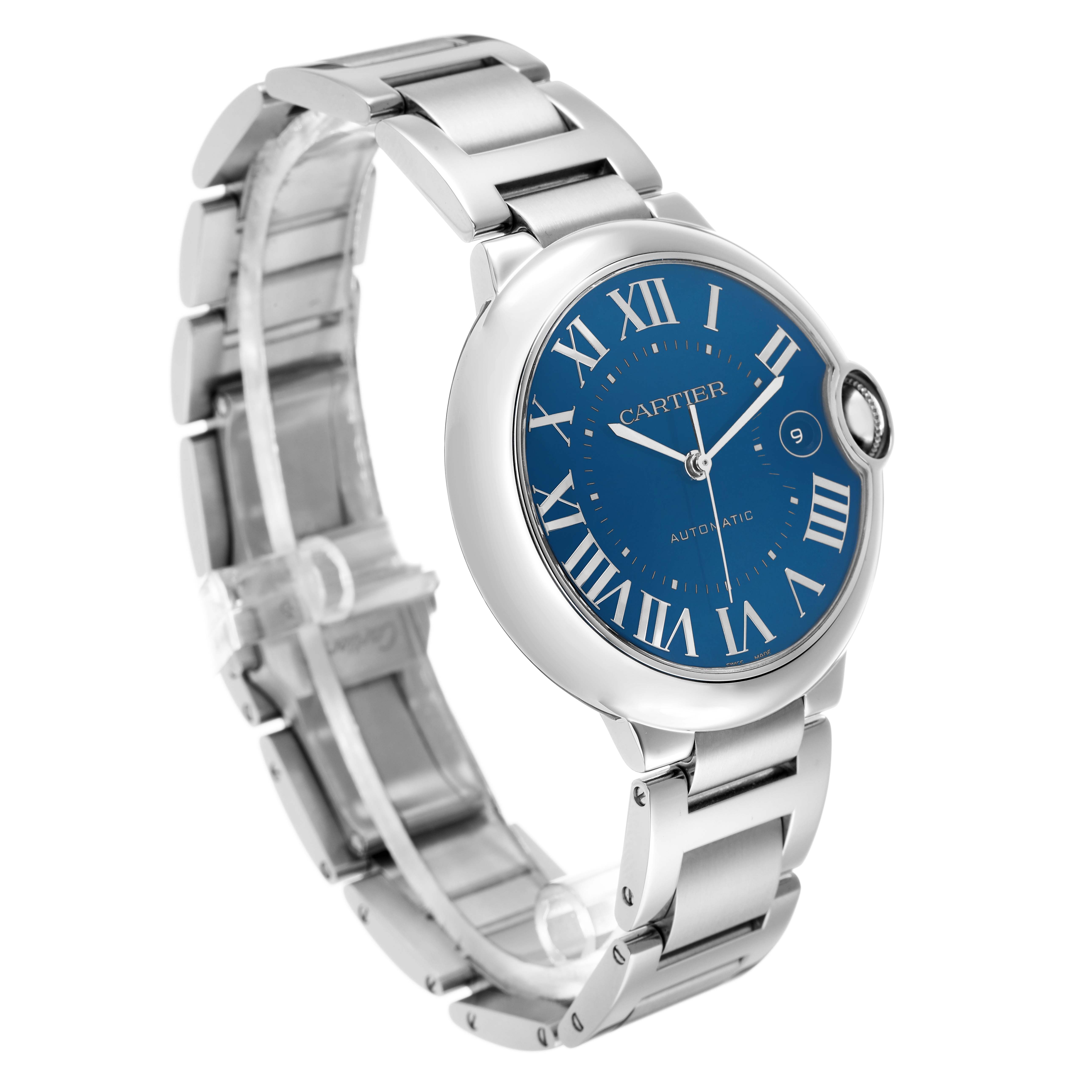 The Cartier Ballon Bleu WSBB0061 Men's Stainless Steel Blue Dial watch is shown at a slight diagonal, highlighting its face and metal bracelet.