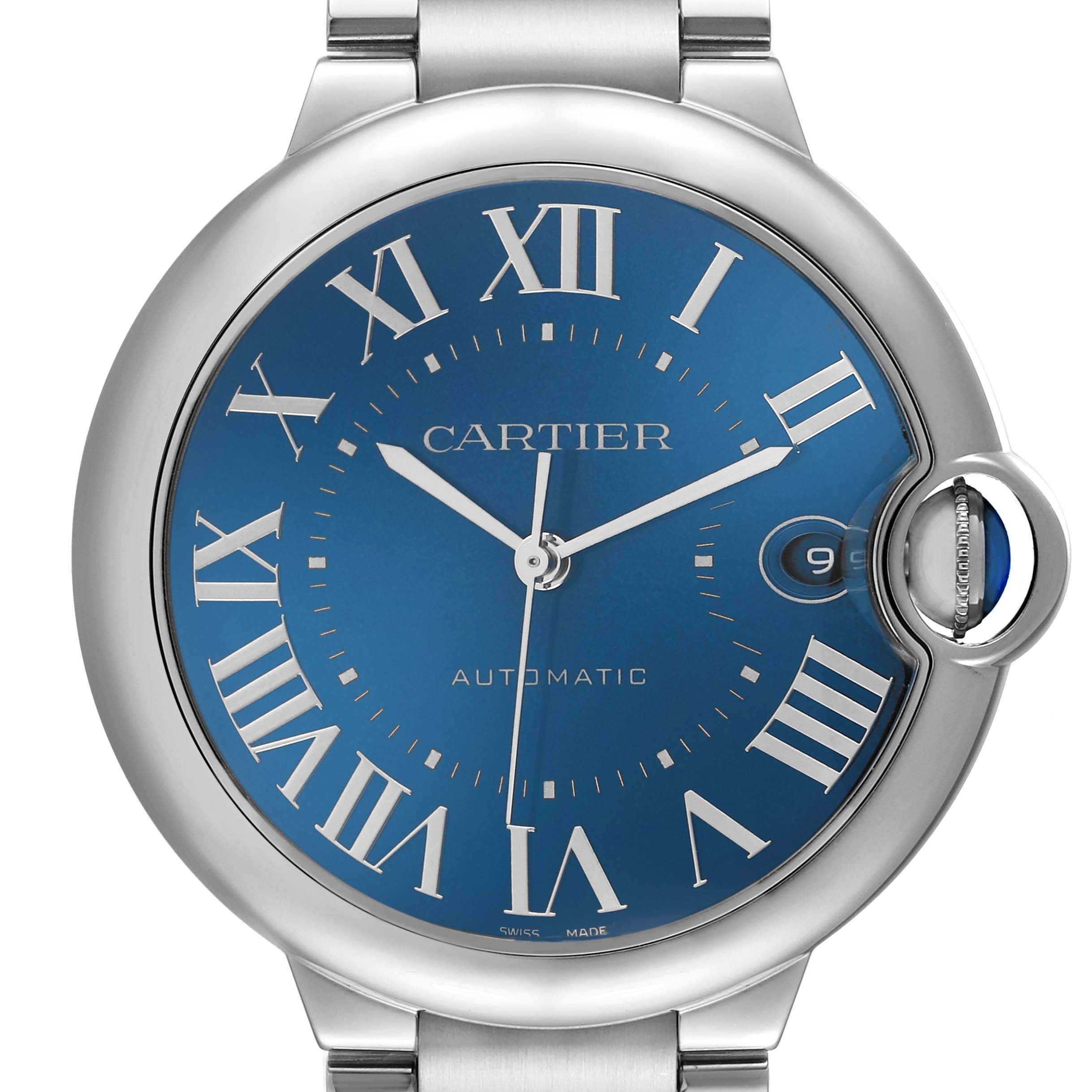 The image shows a frontal view of the Ballon Bleu by Cartier, highlighting the blue dial, Roman numerals, hands, and crown.