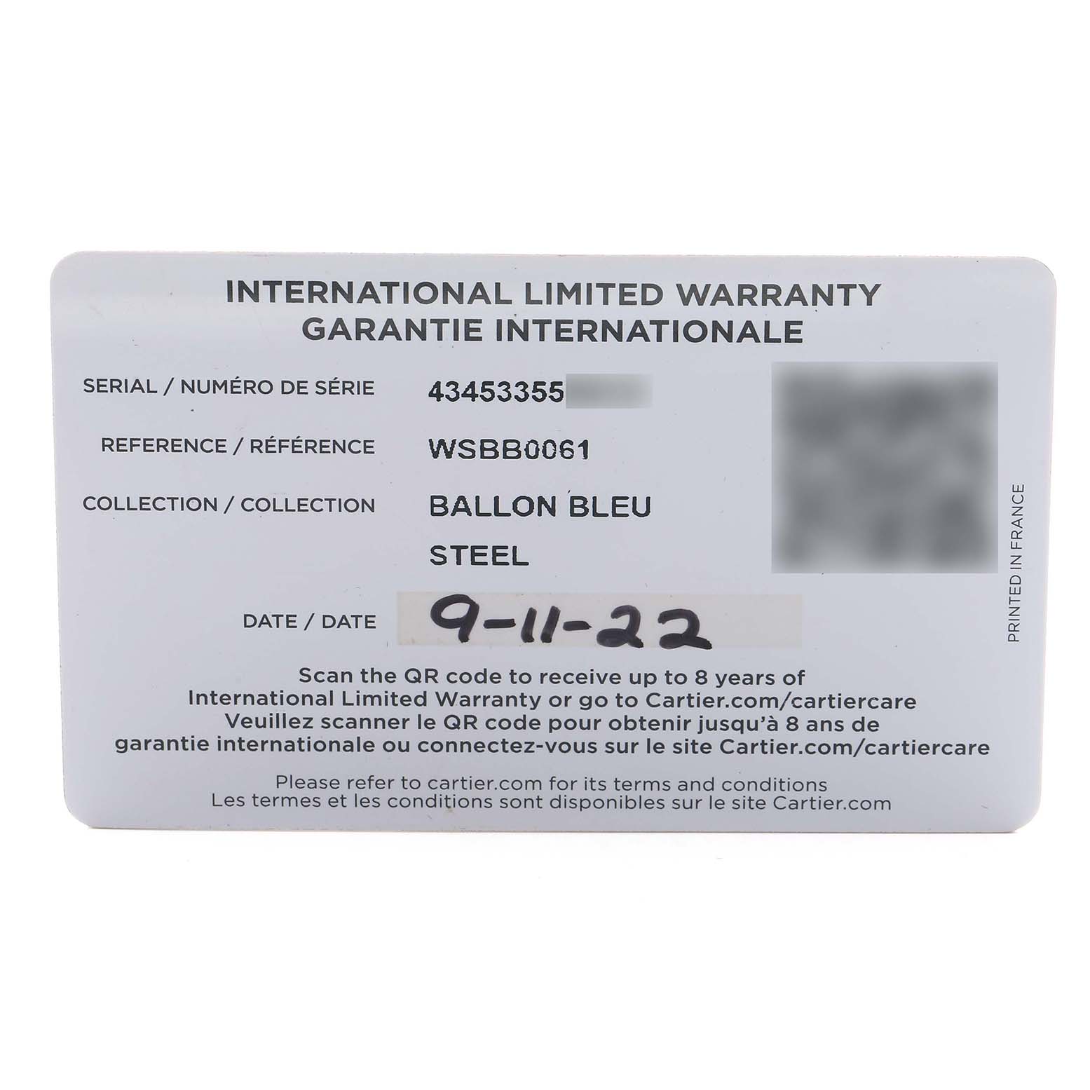 This image shows an International Limited Warranty card for the Ballon Bleu model by Cartier.