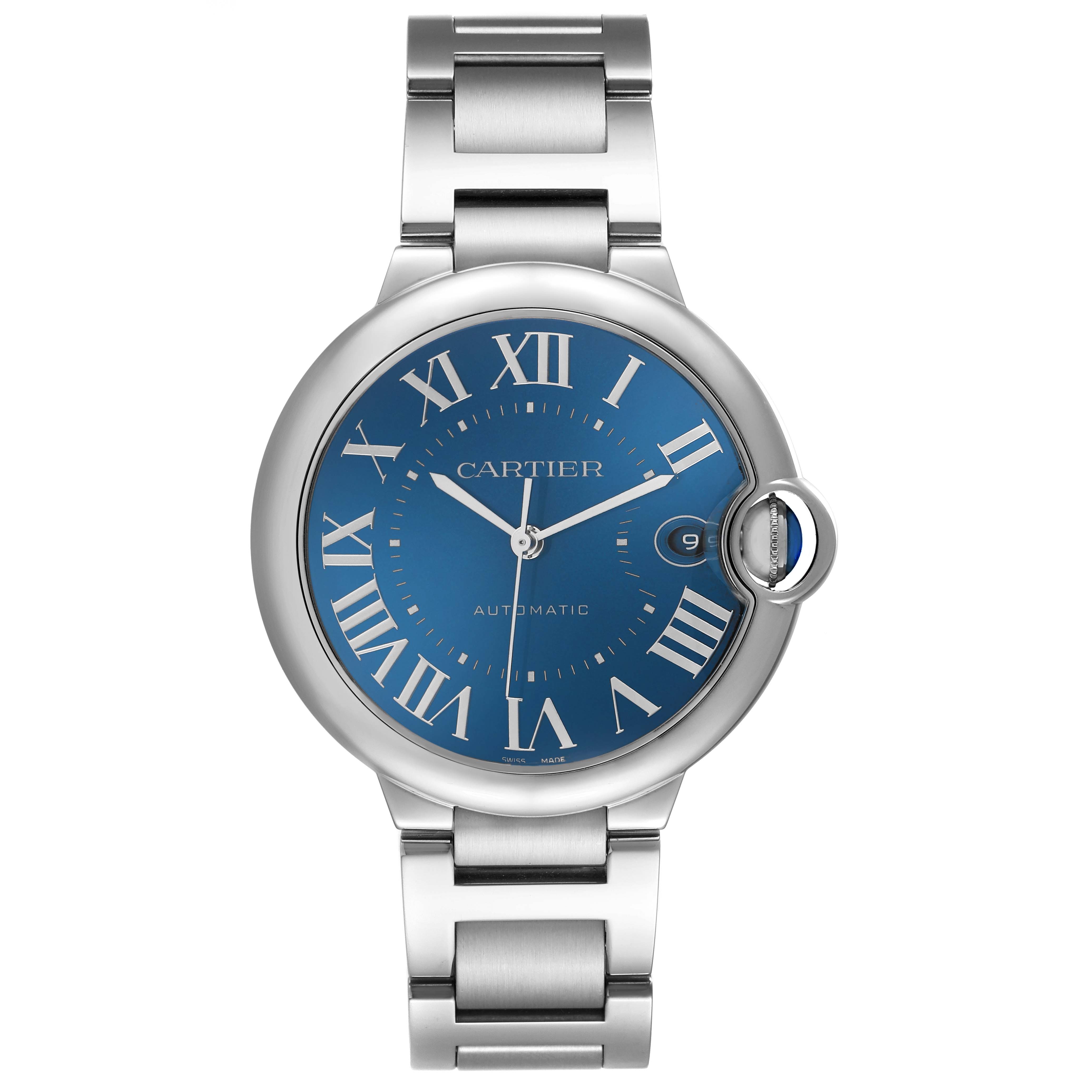 The Cartier Ballon Bleu WSBB0061 Men's Stainless Steel Blue Dial watch is shown from a top-down angle, displaying the face, crown, and part of the bracelet.