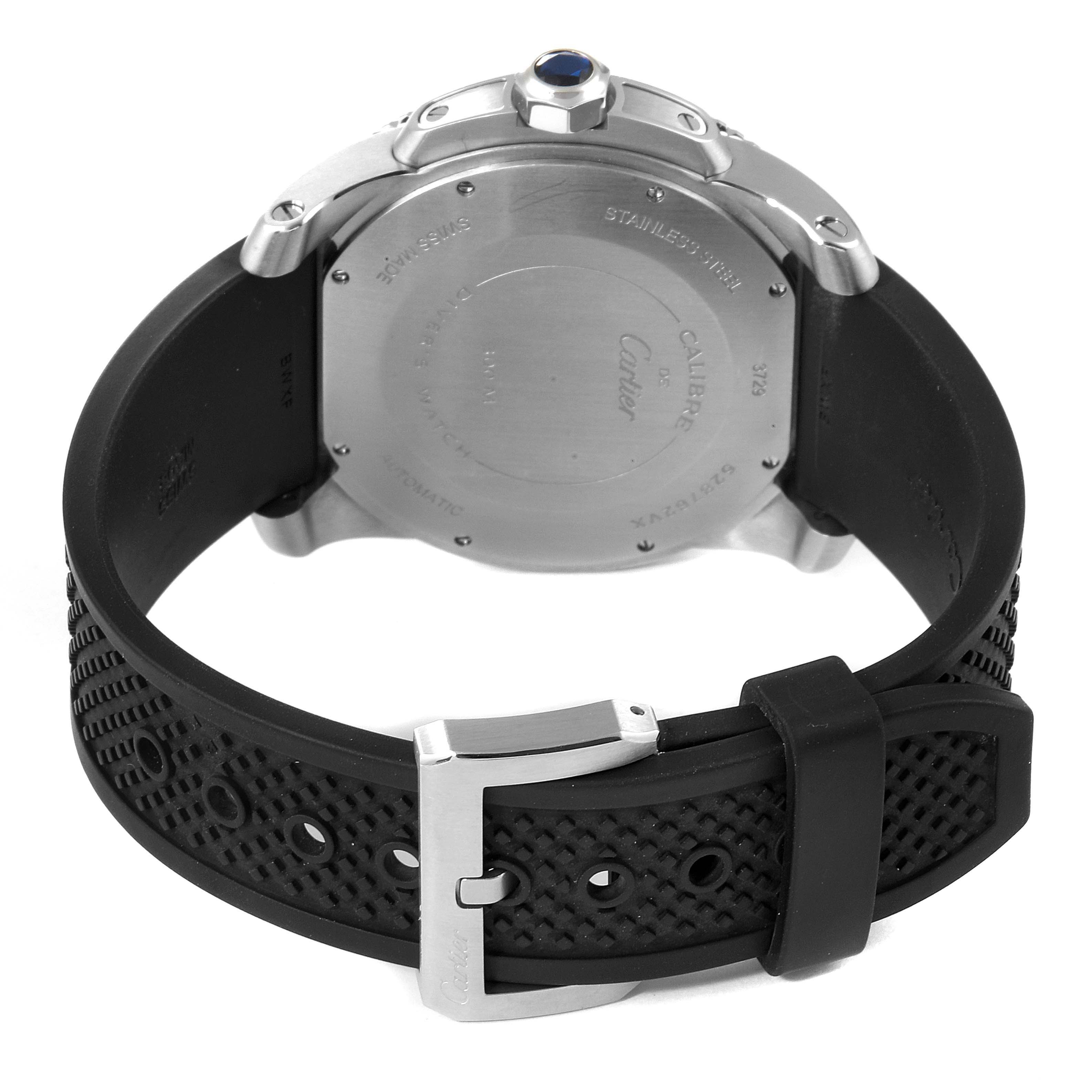 The image shows the back view of a Calibre de Cartier watch by Cartier, highlighting the case back, strap, and buckle.