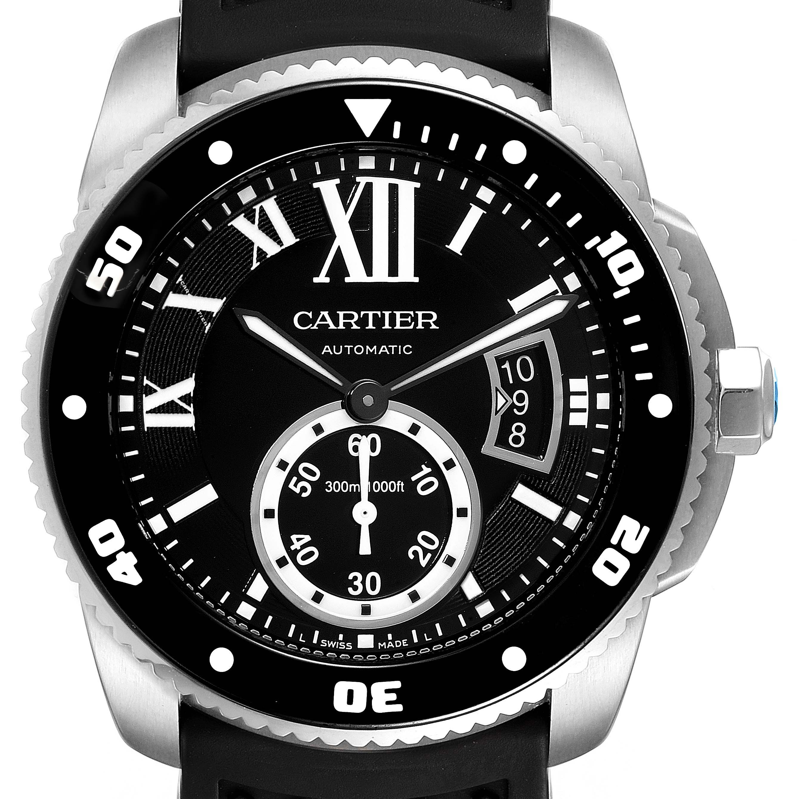 The image shows a front view of the Calibre de Cartier watch by Cartier, highlighting the dial and bezel details.