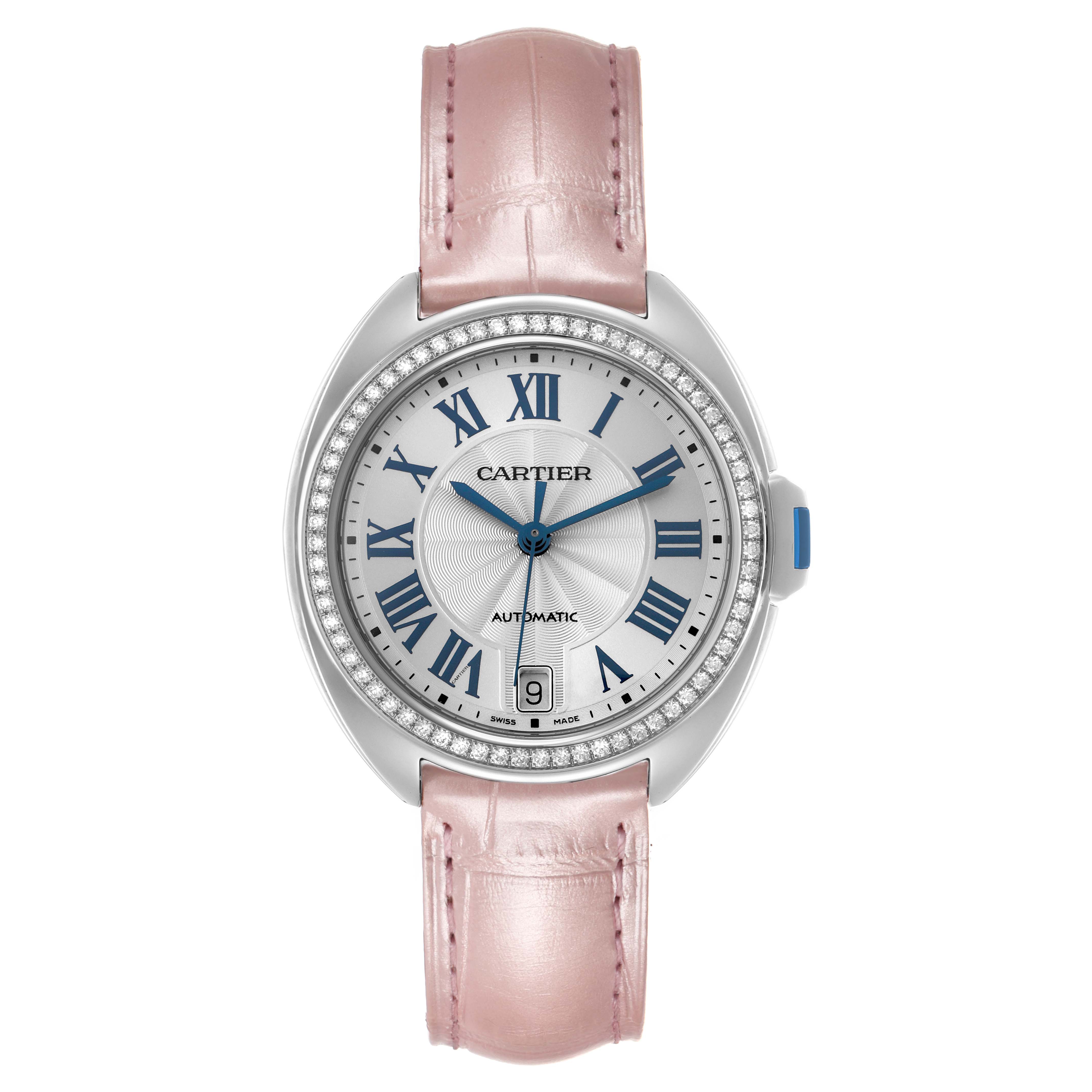 This image shows a front view of the Cartier Clé watch, featuring a pink strap, Roman numerals, and a diamond-accented bezel.