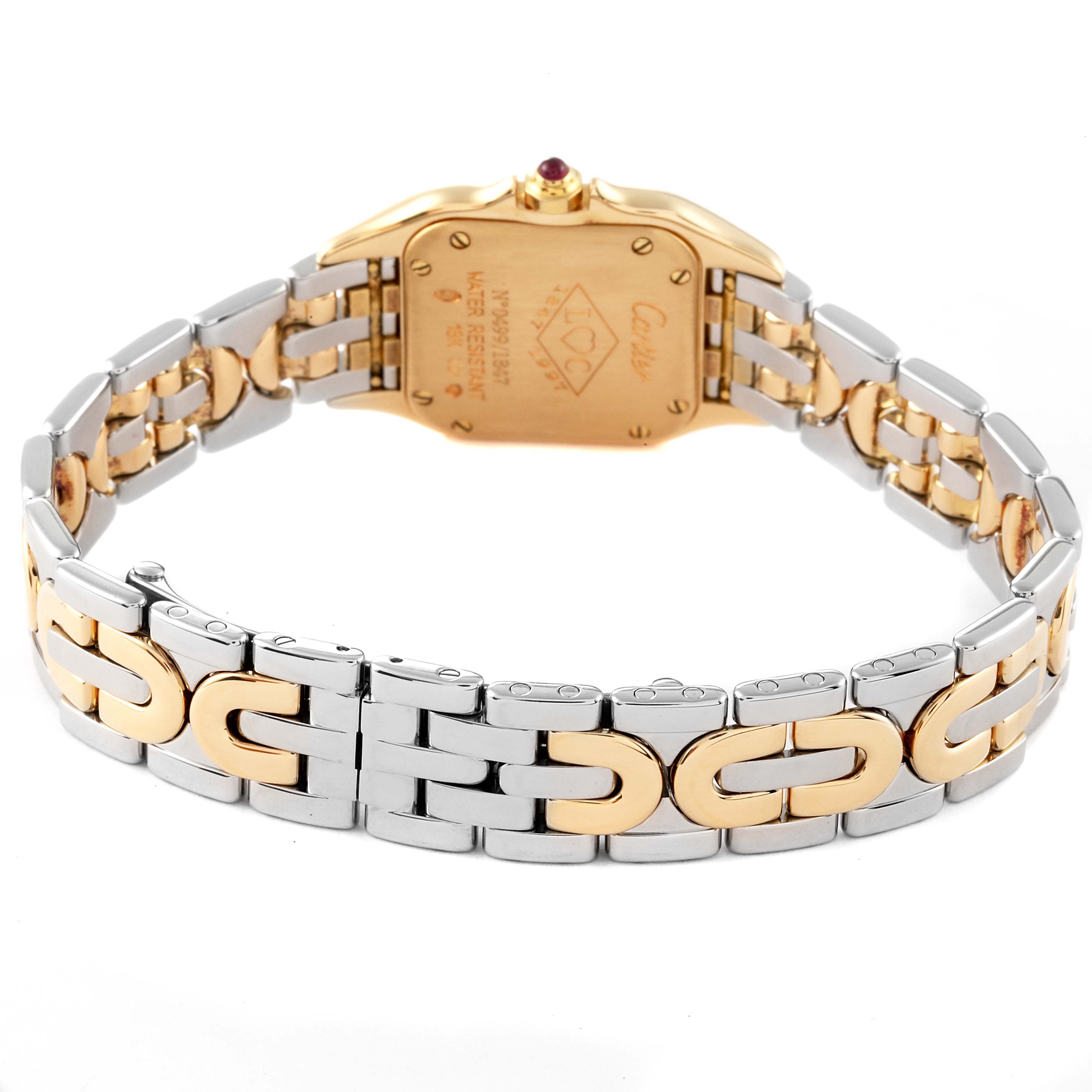 This image shows the back view of a Cartier Panthere W25046S1 Women's Steel and Gold (two tone) Silver Dial W25046S1 Women's Steel and Gold (two tone) Silver Dial model watch with a two-tone gold and silver bracelet.