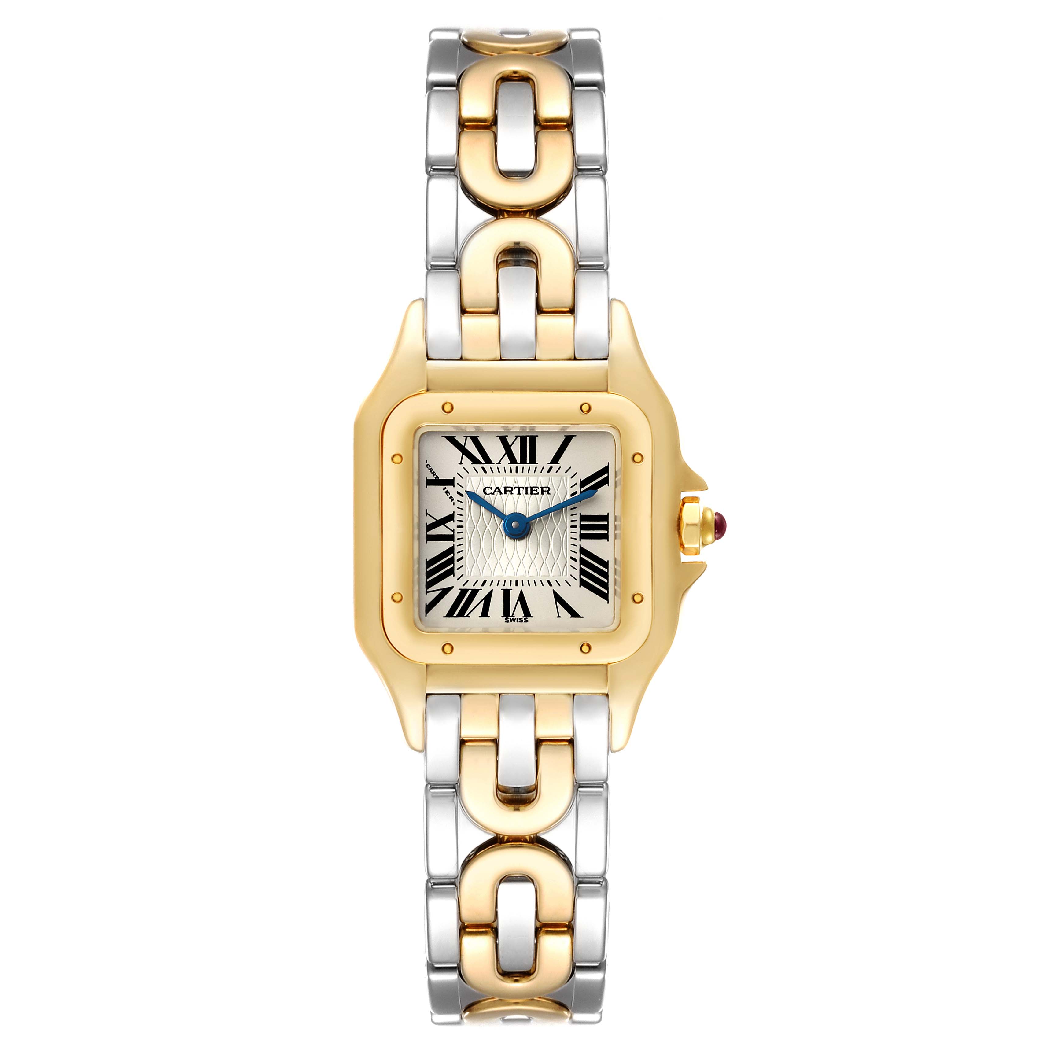 The image shows a front view of a Cartier Panthere W25046S1 Women's Steel and Gold (two tone) Silver Dial W25046S1 Women's Steel and Gold (two tone) Silver Dial watch, highlighting its gold and silver bracelet and square dial.