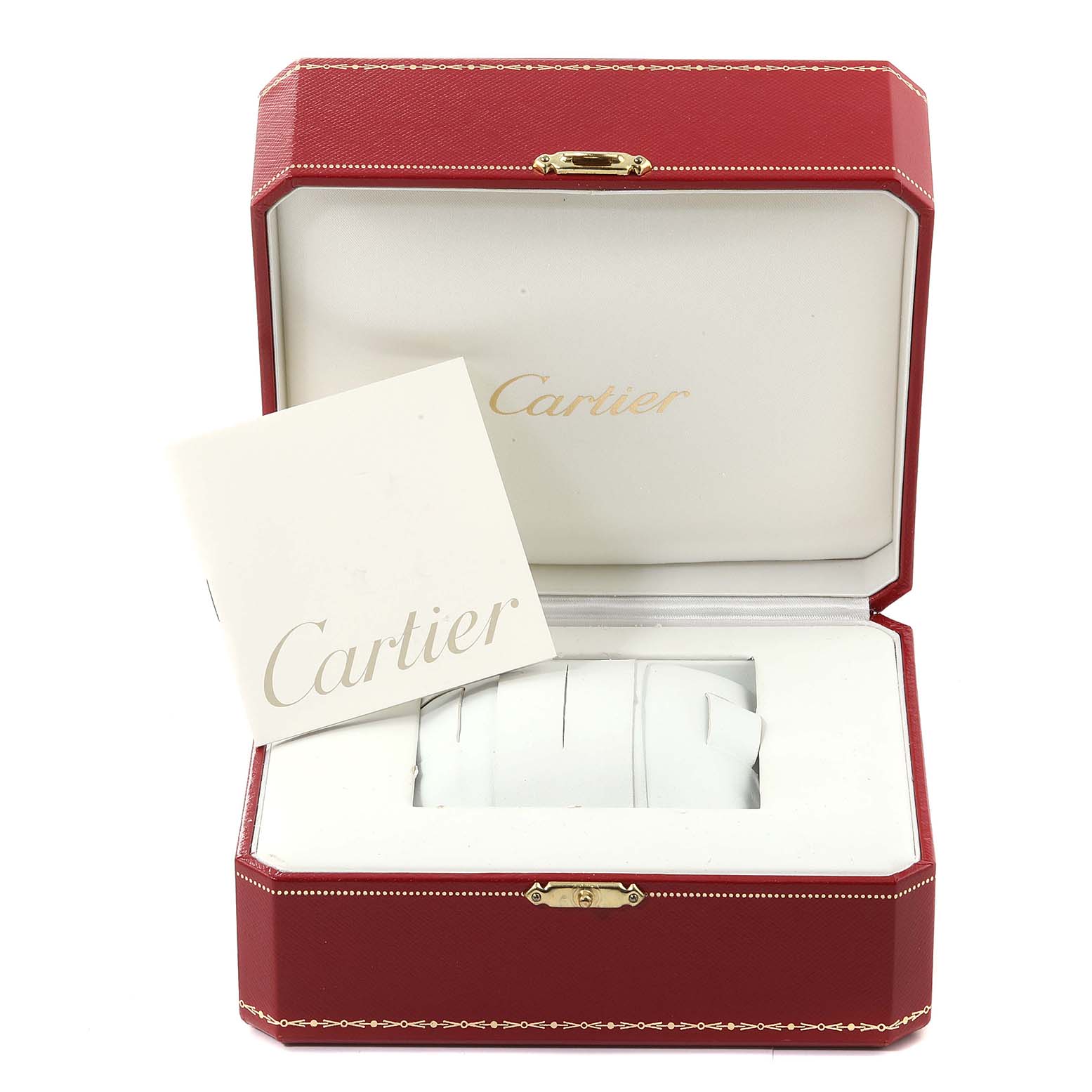 This image shows an open Cartier Panthere W25046S1 Women's Steel and Gold (two tone) Silver Dial W25046S1 Women's Steel and Gold (two tone) Silver Dial watch box with a watch pillow and accompanying booklet inside.