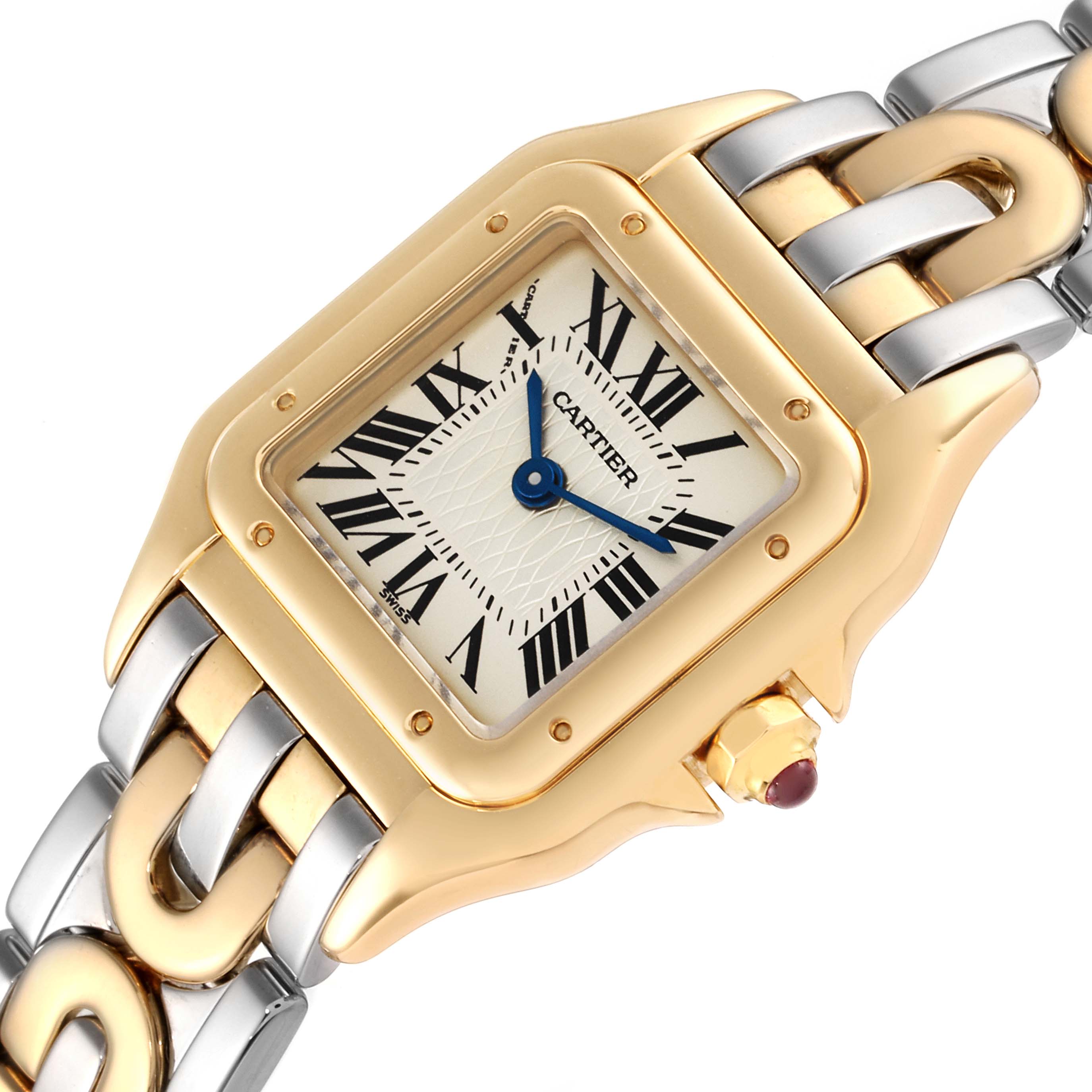 The image shows a close-up angled view of the Panthere watch by Cartier, highlighting the face, hands, and part of the band.