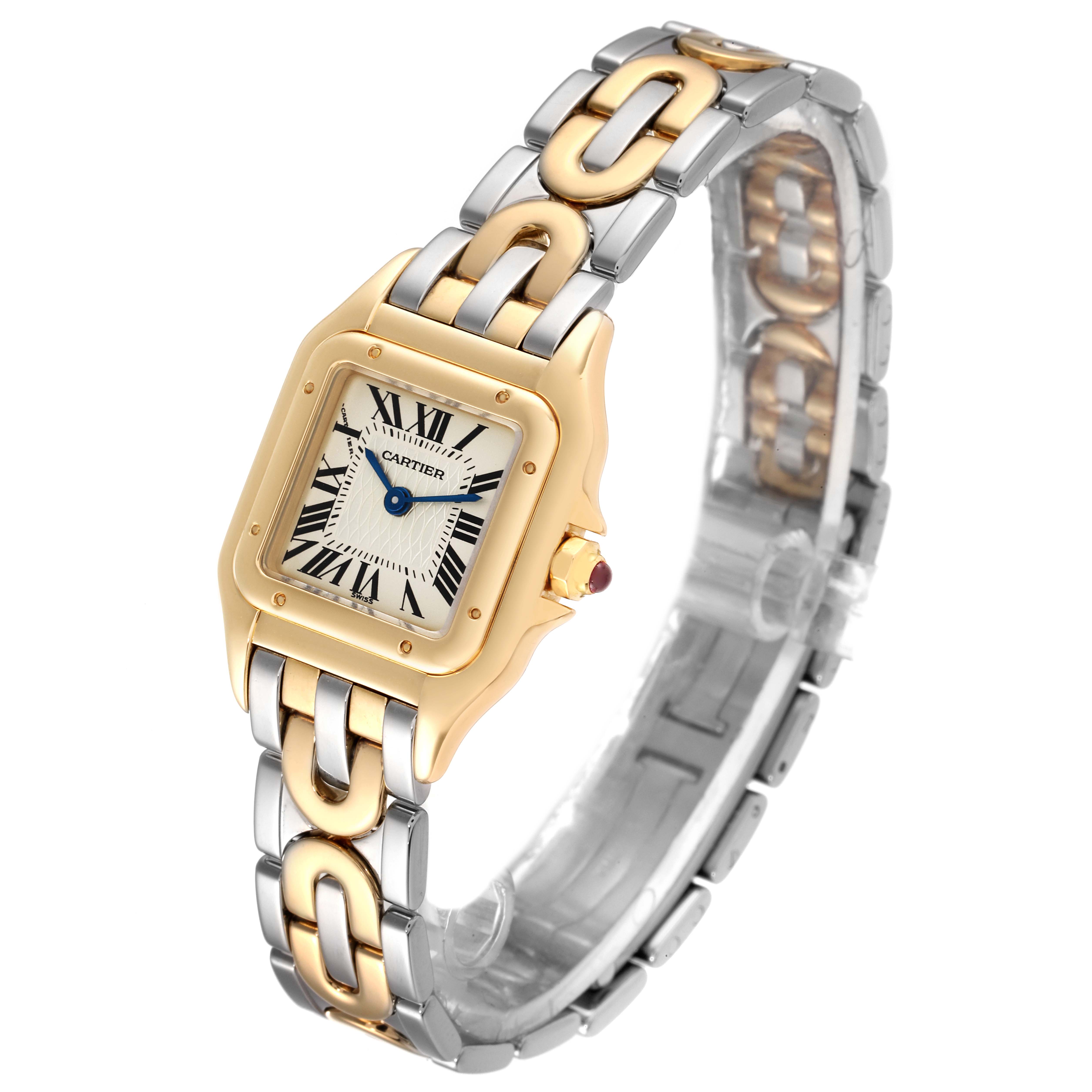 The image shows the Cartier Panthere W25046S1 Women's Steel and Gold (two tone) Silver Dial W25046S1 Women's Steel and Gold (two tone) Silver Dial watch at a three-quarter angle, highlighting its two-tone gold and silver bracelet and square dial.