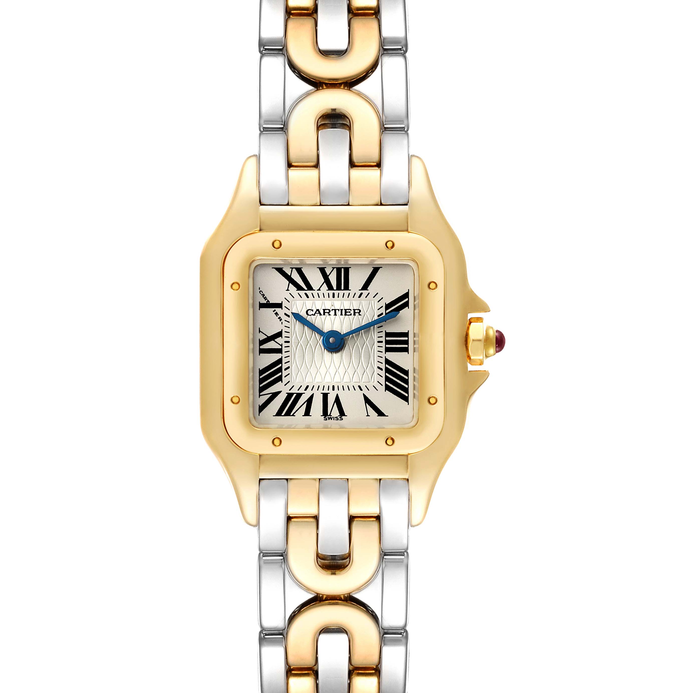 The image shows a front view of the Cartier Panthère watch, highlighting its gold and silver bracelet and square dial with Roman numerals.