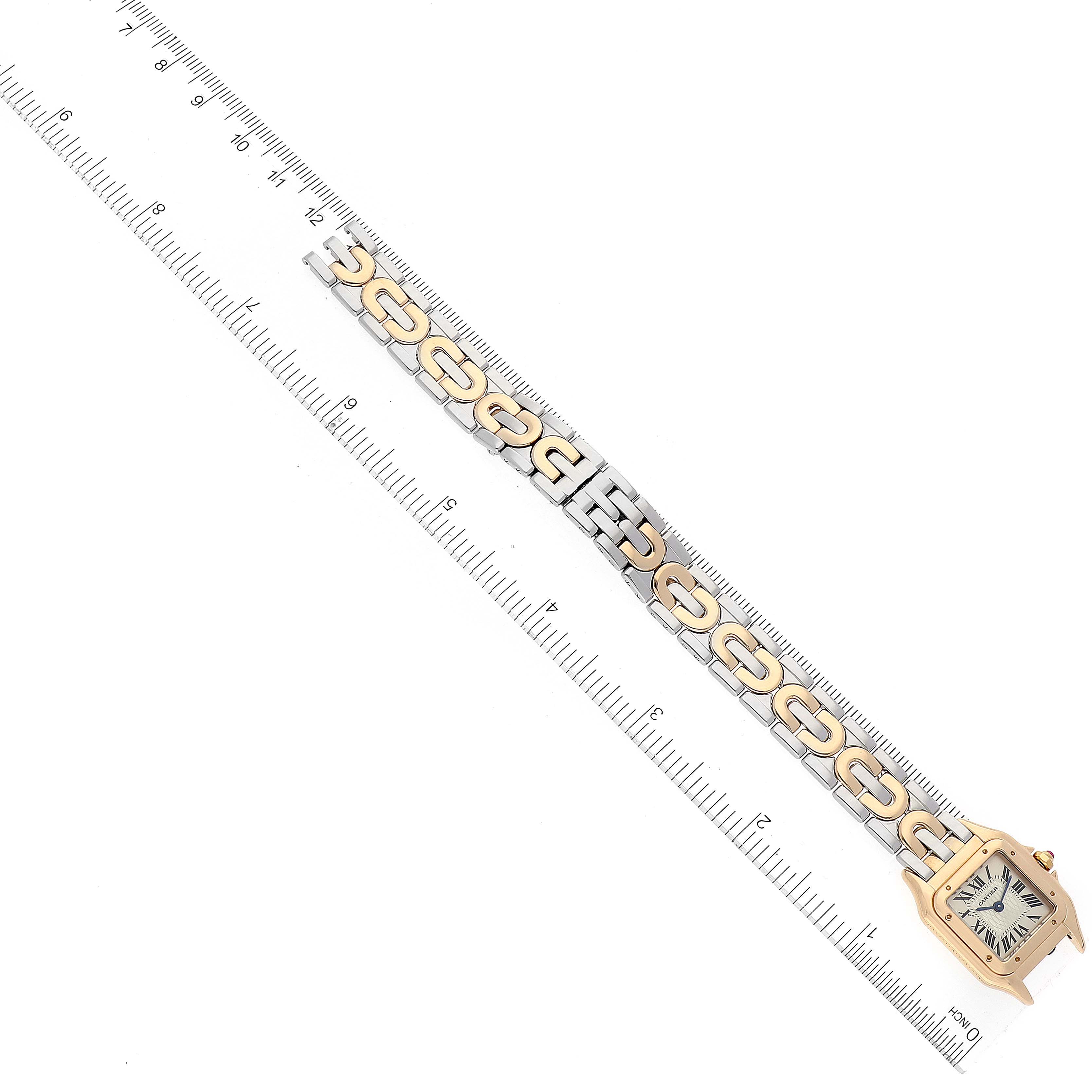 The image shows a Cartier Panthere W25046S1 Women's Steel and Gold (two tone) Silver Dial W25046S1 Women's Steel and Gold (two tone) Silver Dial model watch positioned diagonally with its band laid out next to a ruler for measurement.