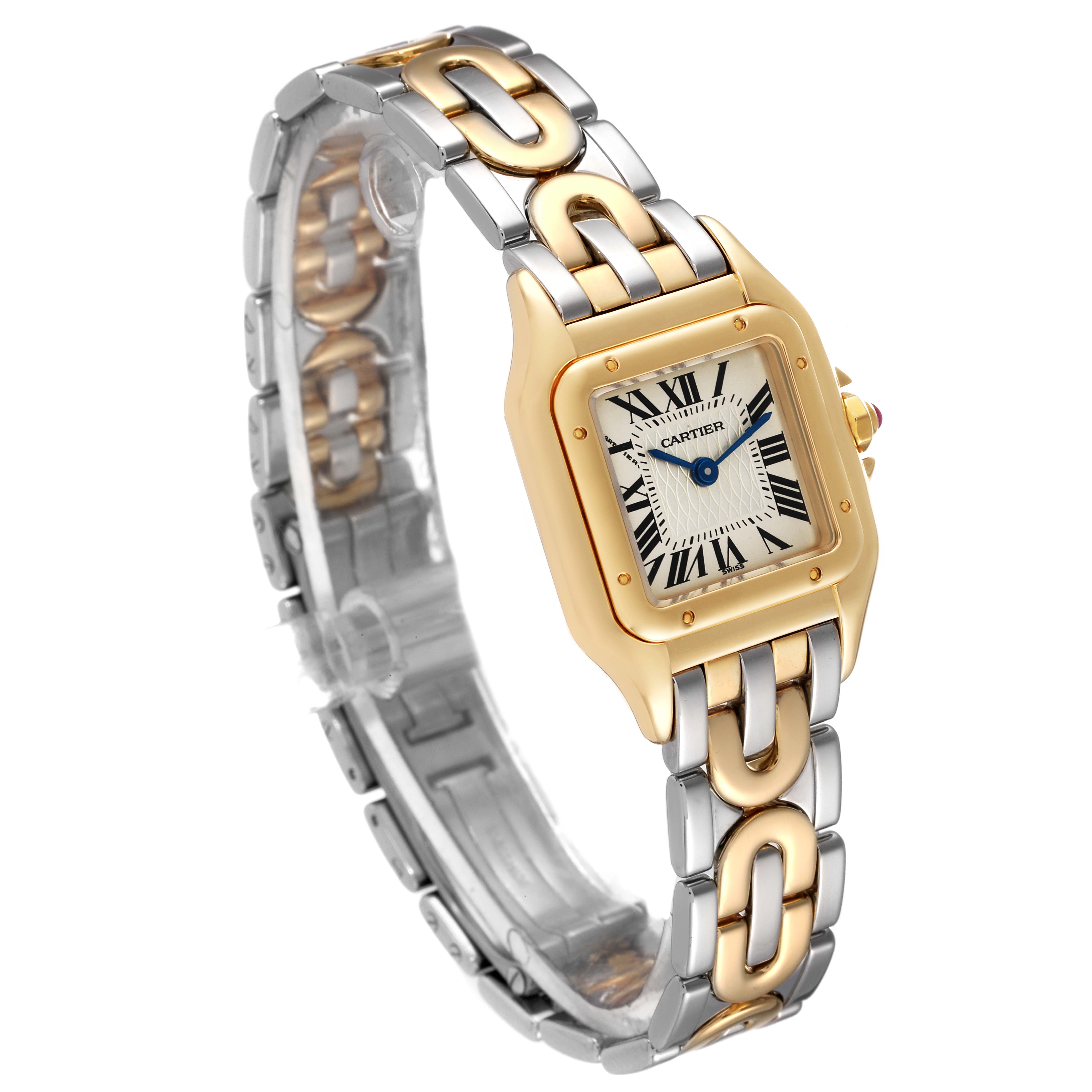 The image shows a Cartier Panthere W25046S1 Women's Steel and Gold (two tone) Silver Dial W25046S1 Women's Steel and Gold (two tone) Silver Dial watch at a slight angle, highlighting its gold and silver bracelet and square face.