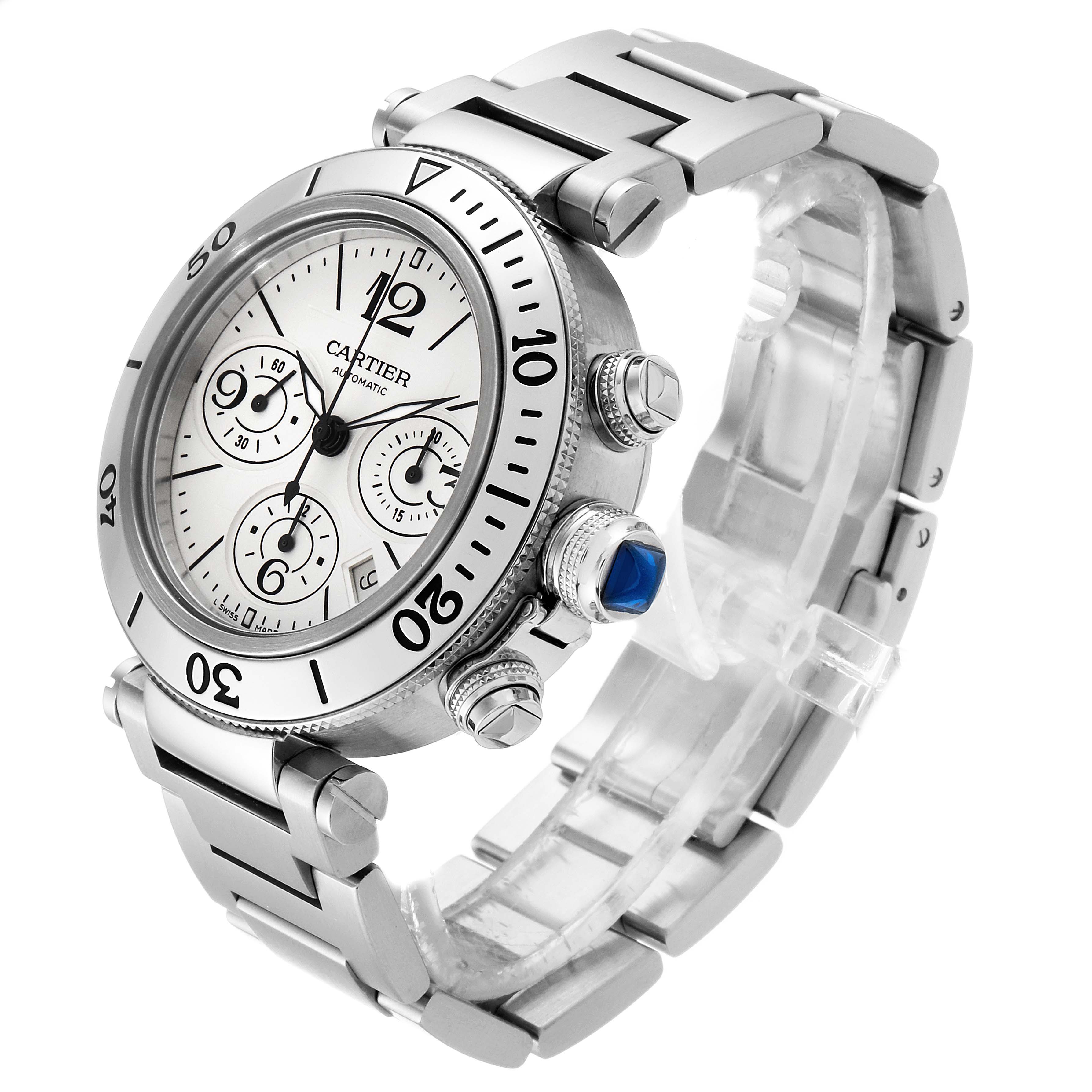 This image shows a Cartier Pasha W31089M7 Men's Stainless Steel Silver Dial W31089M7 Men's Stainless Steel Silver Dial watch at an angle revealing the dial, bezel, crown, and metal bracelet.