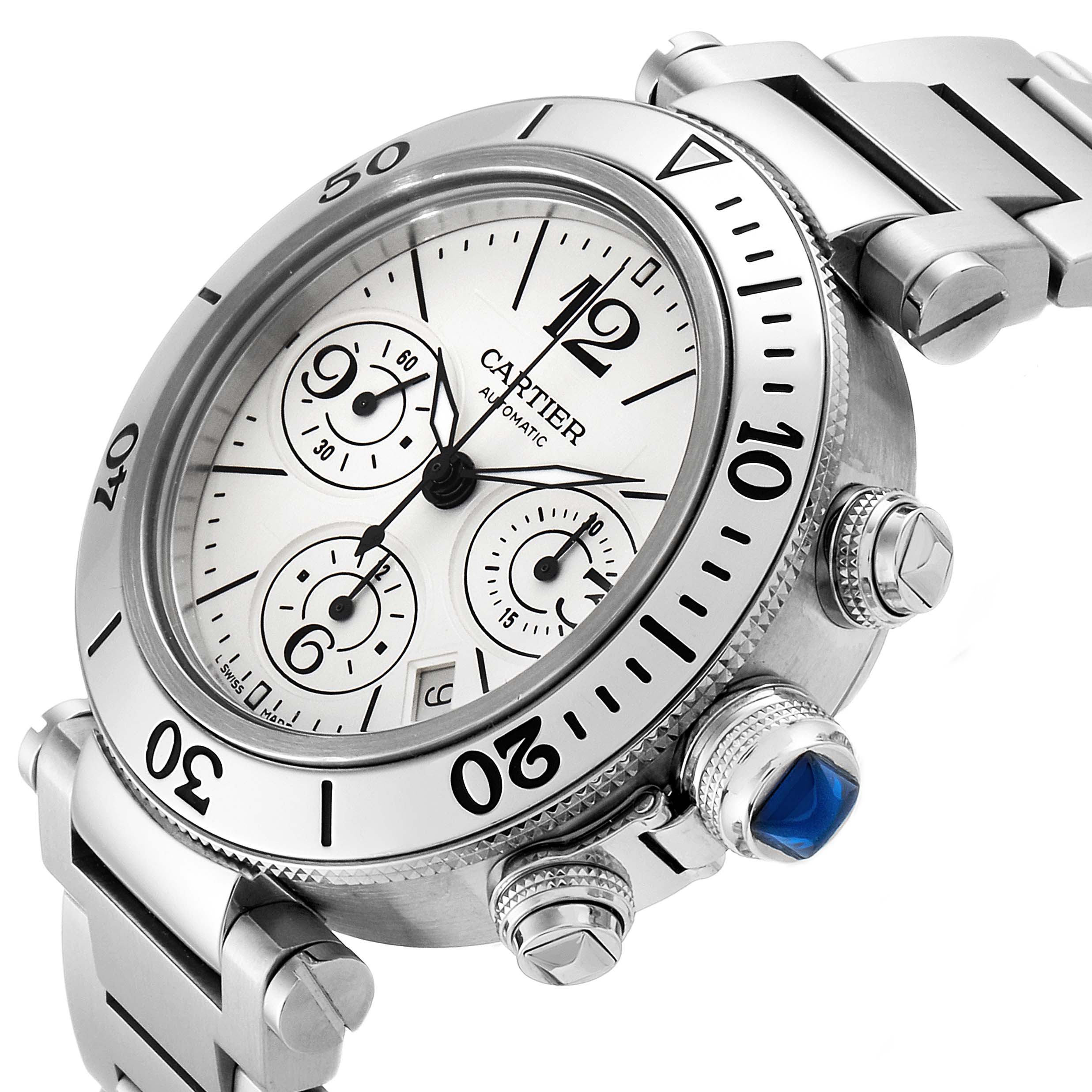 This image shows a close-up angle focusing on the face, bezel, and crown of the Cartier Pasha W31089M7 Men's Stainless Steel Silver Dial W31089M7 Men's Stainless Steel Silver Dial model watch.