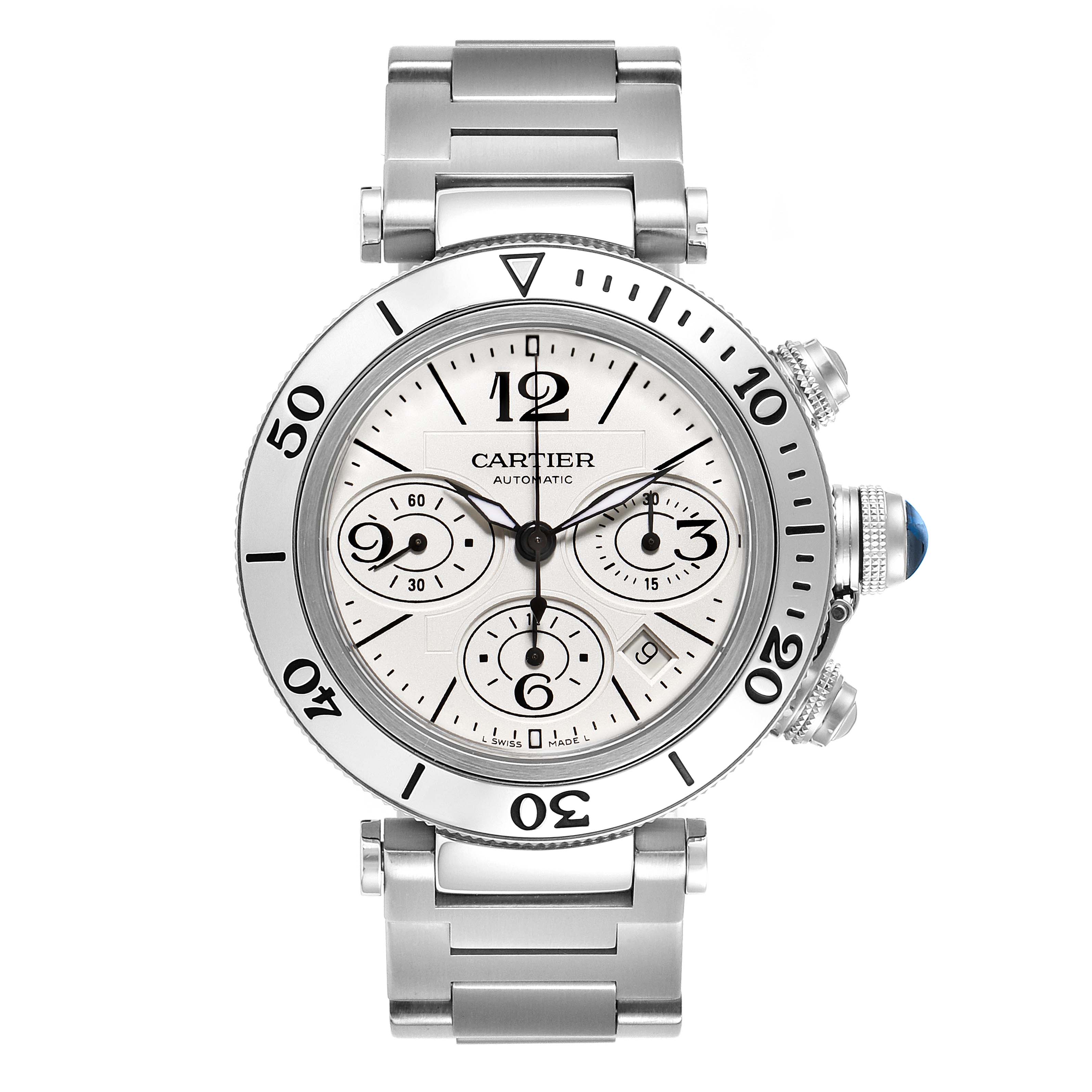 This image shows a front view of the Cartier Pasha W31089M7 Men's Stainless Steel Silver Dial W31089M7 Men's Stainless Steel Silver Dial watch, including its face, bezel, crown, chronograph subdials, and metal bracelet.