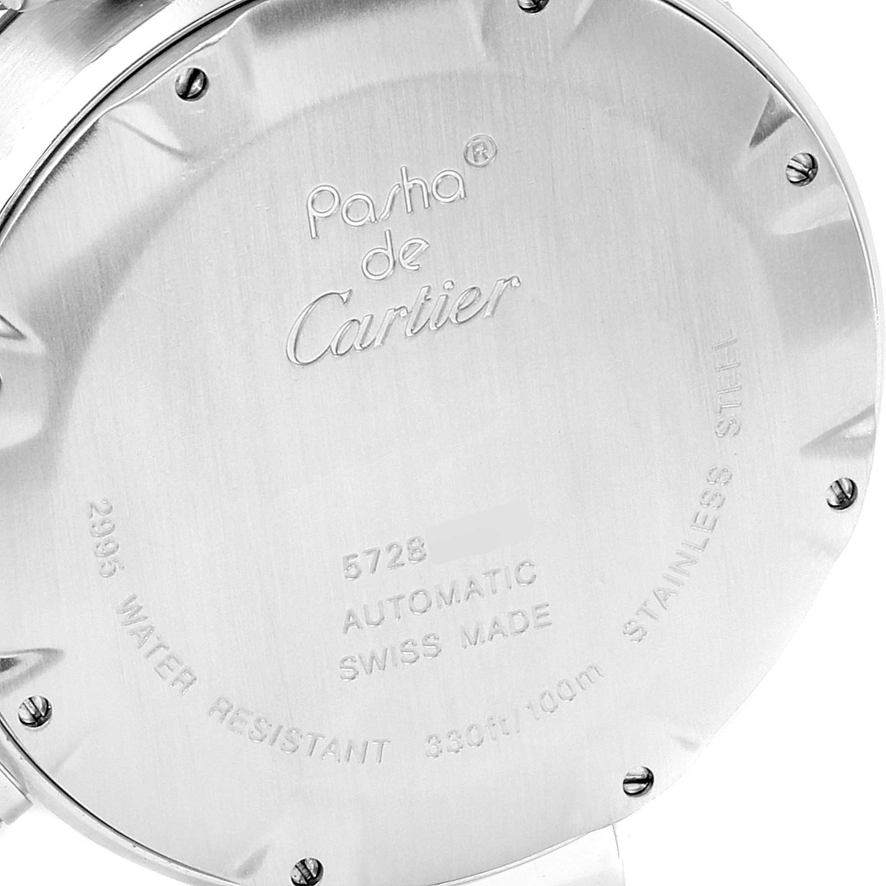 This image shows the case back of the Cartier Pasha W31089M7 Men's Stainless Steel Silver Dial W31089M7 Men's Stainless Steel Silver Dial watch with engraved details.