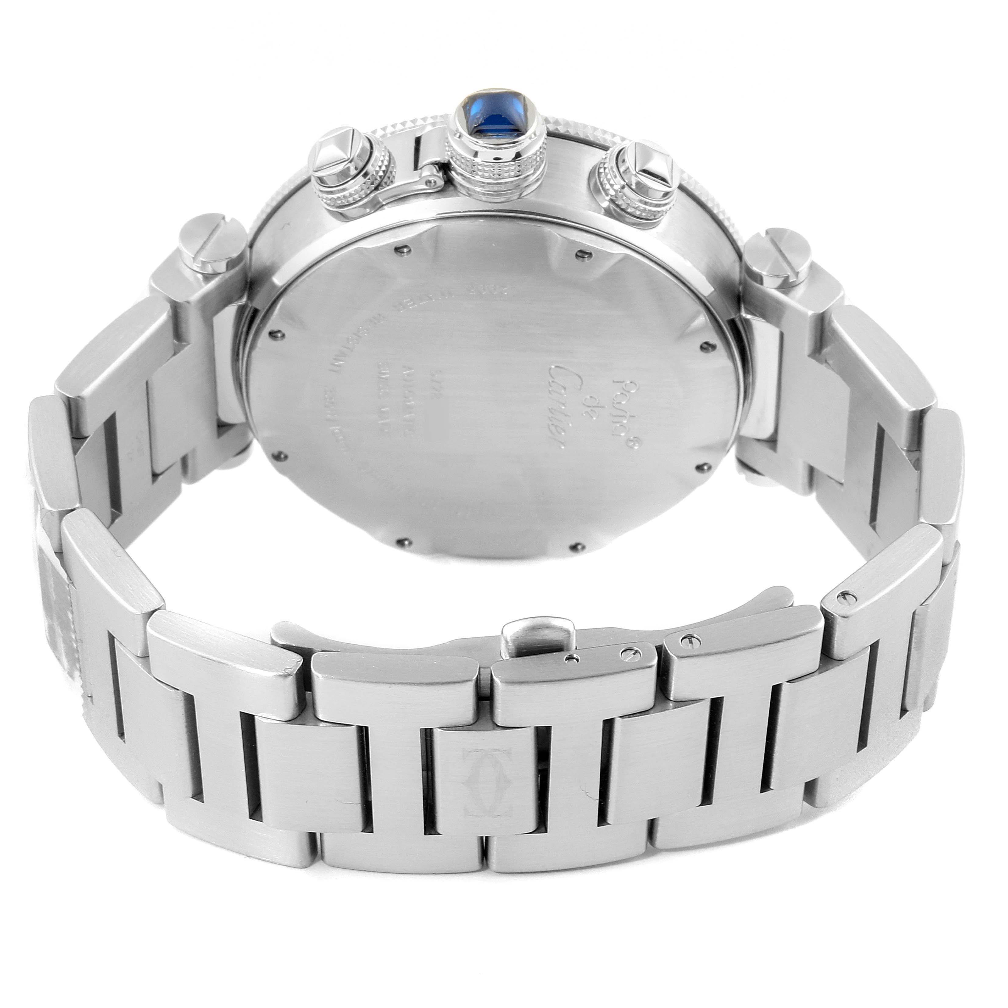 This image shows the back and side of the Cartier Pasha W31089M7 Men's Stainless Steel Silver Dial W31089M7 Men's Stainless Steel Silver Dial model watch, highlighting its bracelet, case back, and crown.
