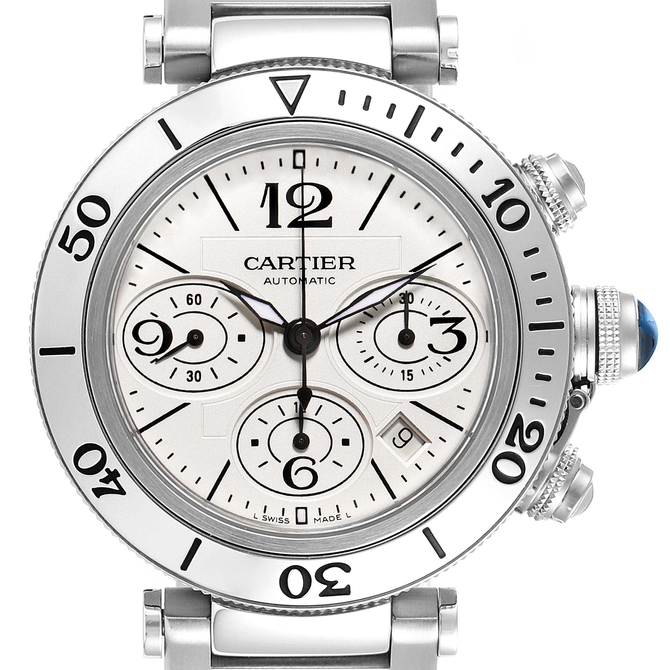 This image shows a front view of the Cartier Pasha W31089M7 Men's Stainless Steel Silver Dial W31089M7 Men's Stainless Steel Silver Dial model watch, highlighting the dial and chronograph features.
