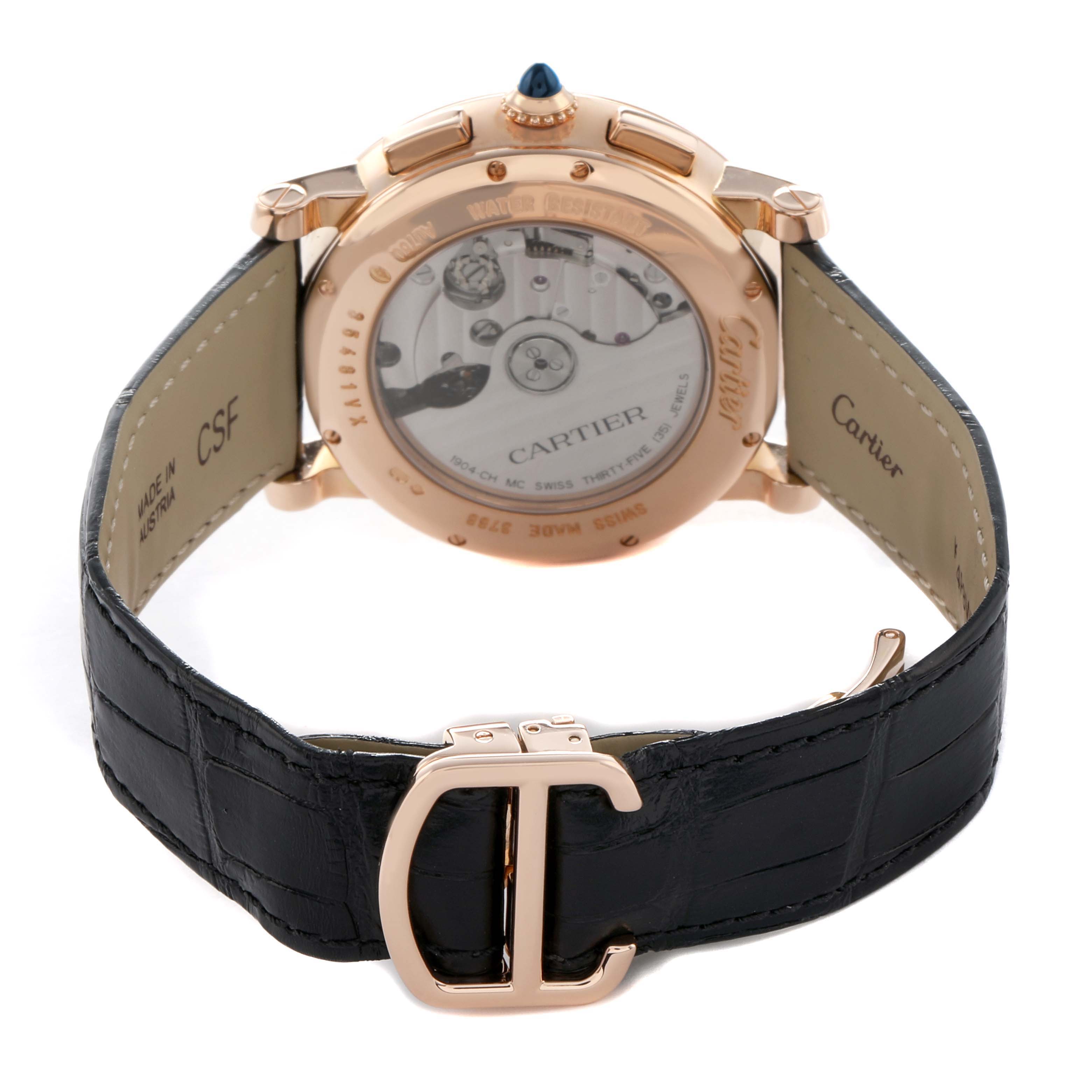 The image shows the Rotonde de Cartier watch from the back, highlighting its mechanical movement and a black leather strap.