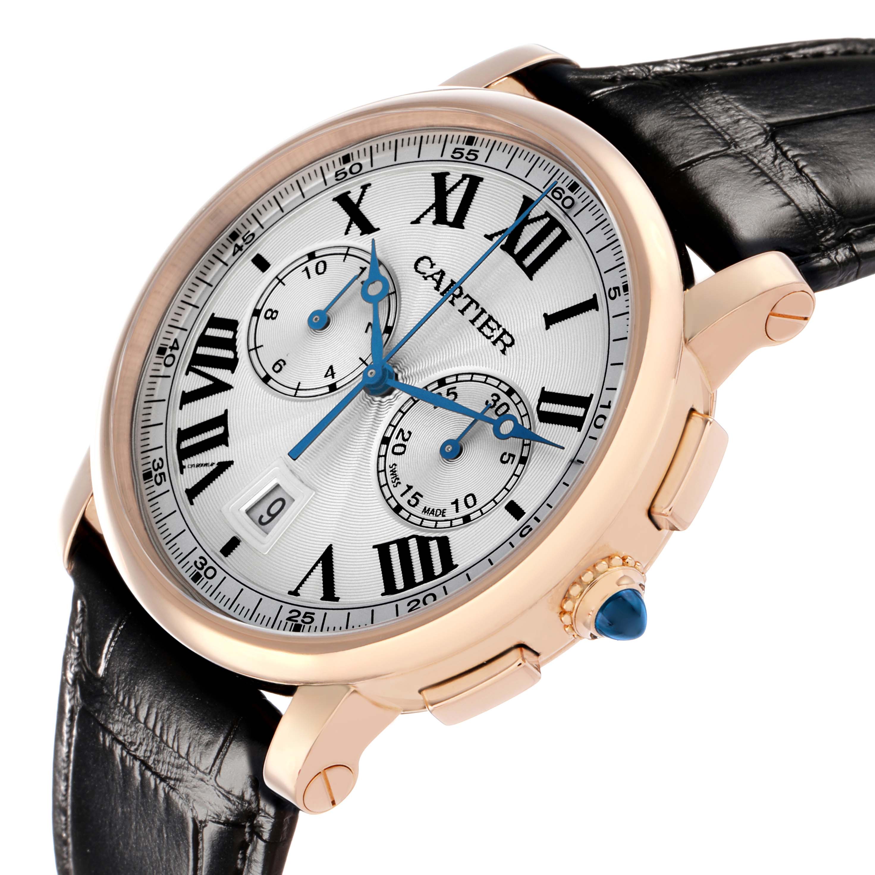 The Cartier Rotonde W1556238 Men's Rose Gold Silver Dial watch is shown at an angled view, displaying its dial, Roman numerals, sub-dials, crown, and leather strap.