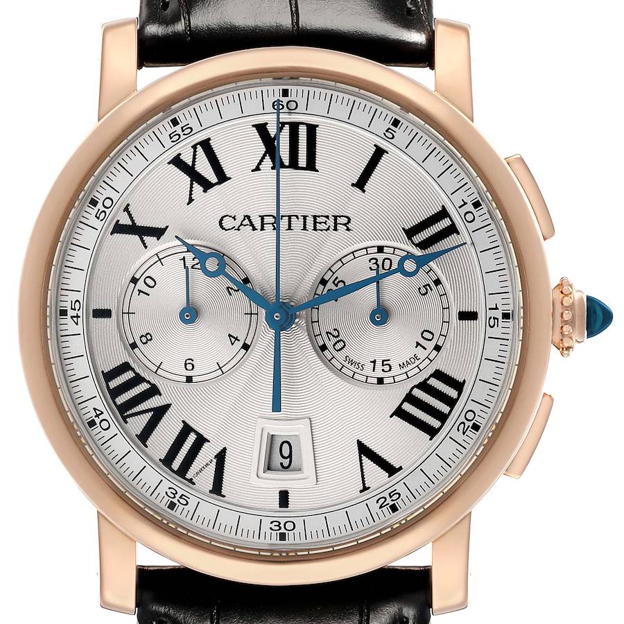 The Cartier Rotonde W1556238 Men's Rose Gold Silver Dial watch is shown from the front, displaying its dial with Roman numerals, sub-dials, and date window.