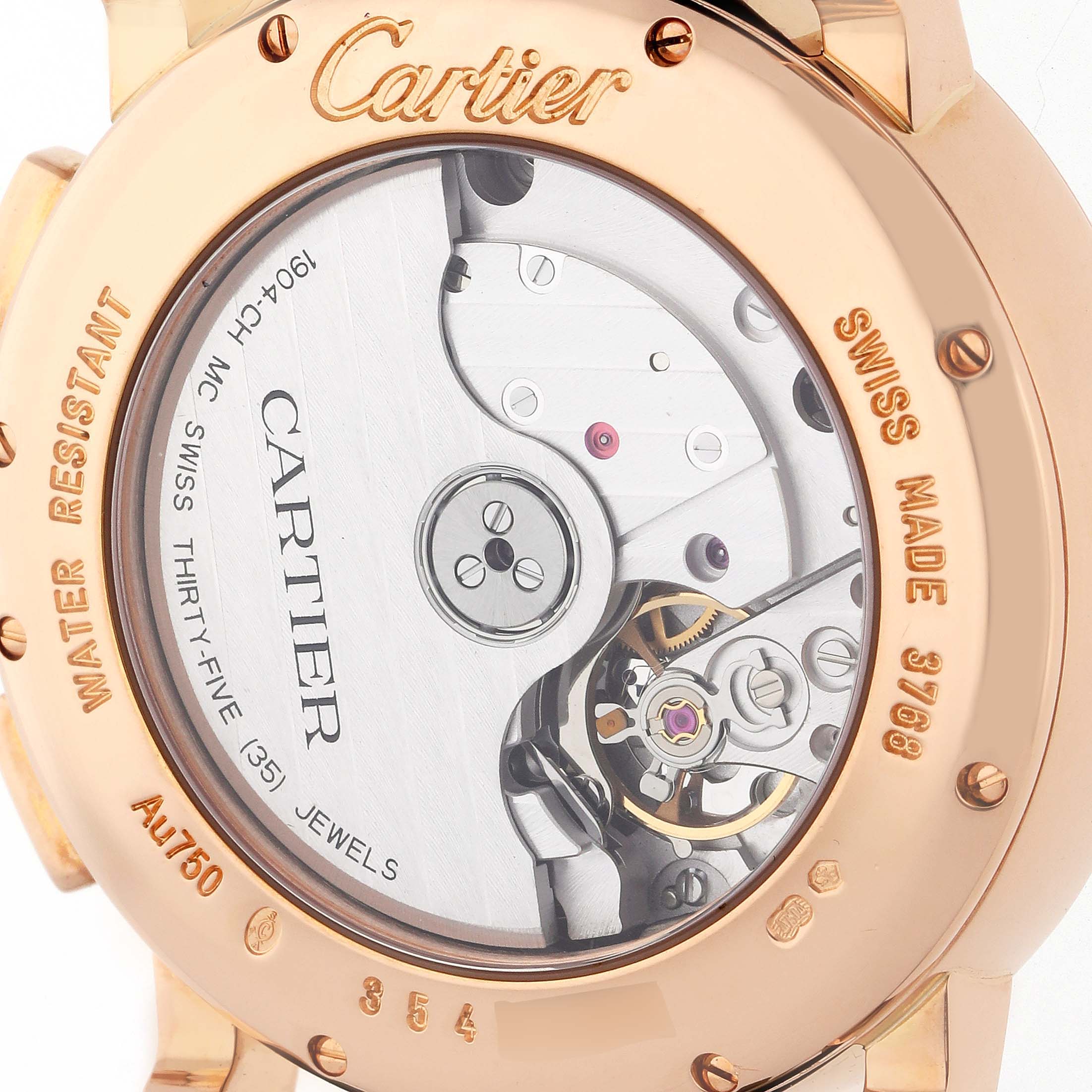 The image shows the back of the Cartier Rotonde W1556238 Men's Rose Gold Silver Dial watch, displaying its intricate movement through a transparent case-back.