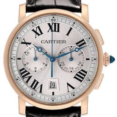 The Cartier Rotonde W1556238 Men's Rose Gold Silver Dial watch is shown from the front, highlighting the dial, hands, subdials, and bezel.