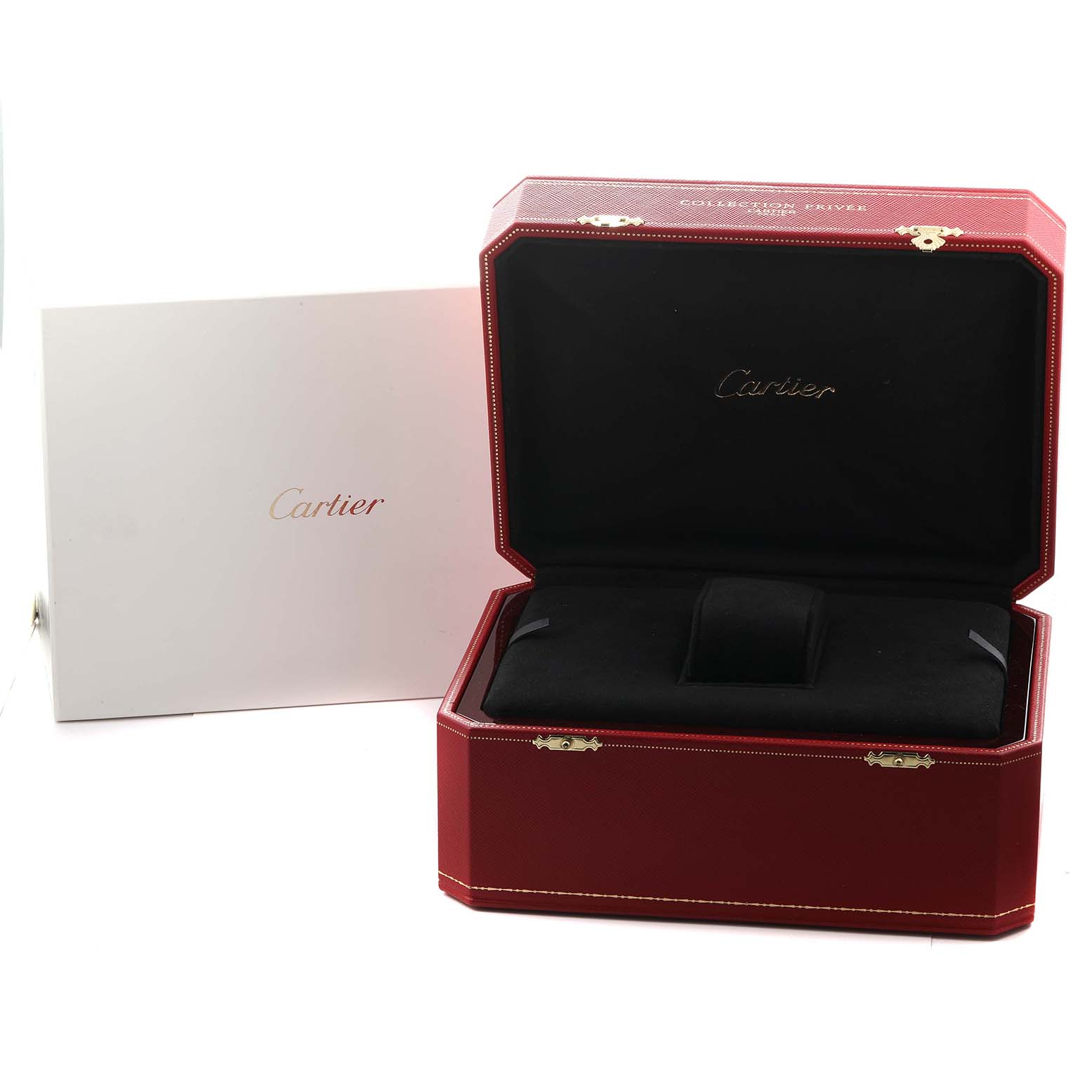 This image shows an open Cartier Rotonde W1556238 Men's Rose Gold Silver Dial watch box with a black velvet interior and a white Cartier outer box.