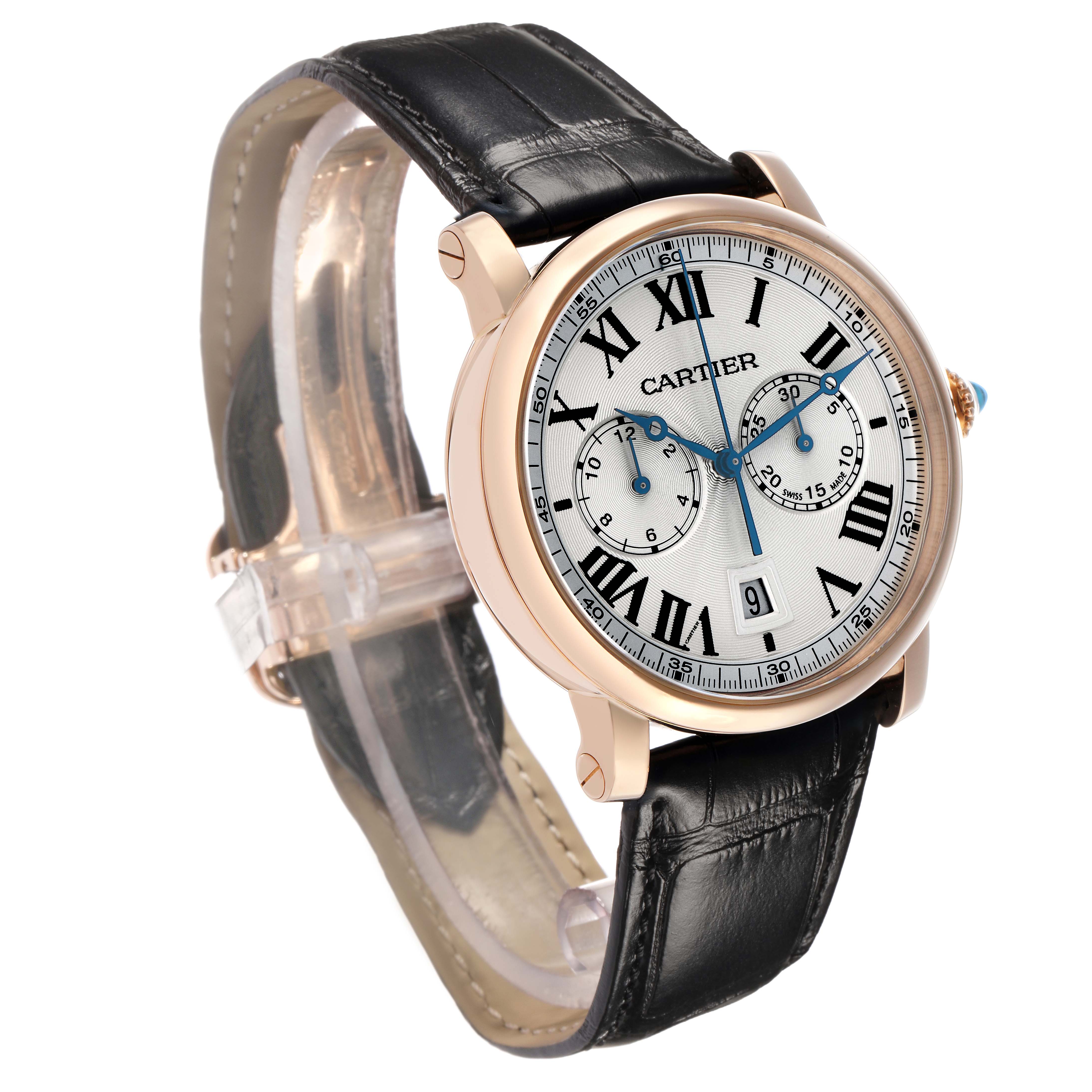 The Rotonde de Cartier watch is shown at an angled side view, displaying the dial, Roman numerals, and leather strap.