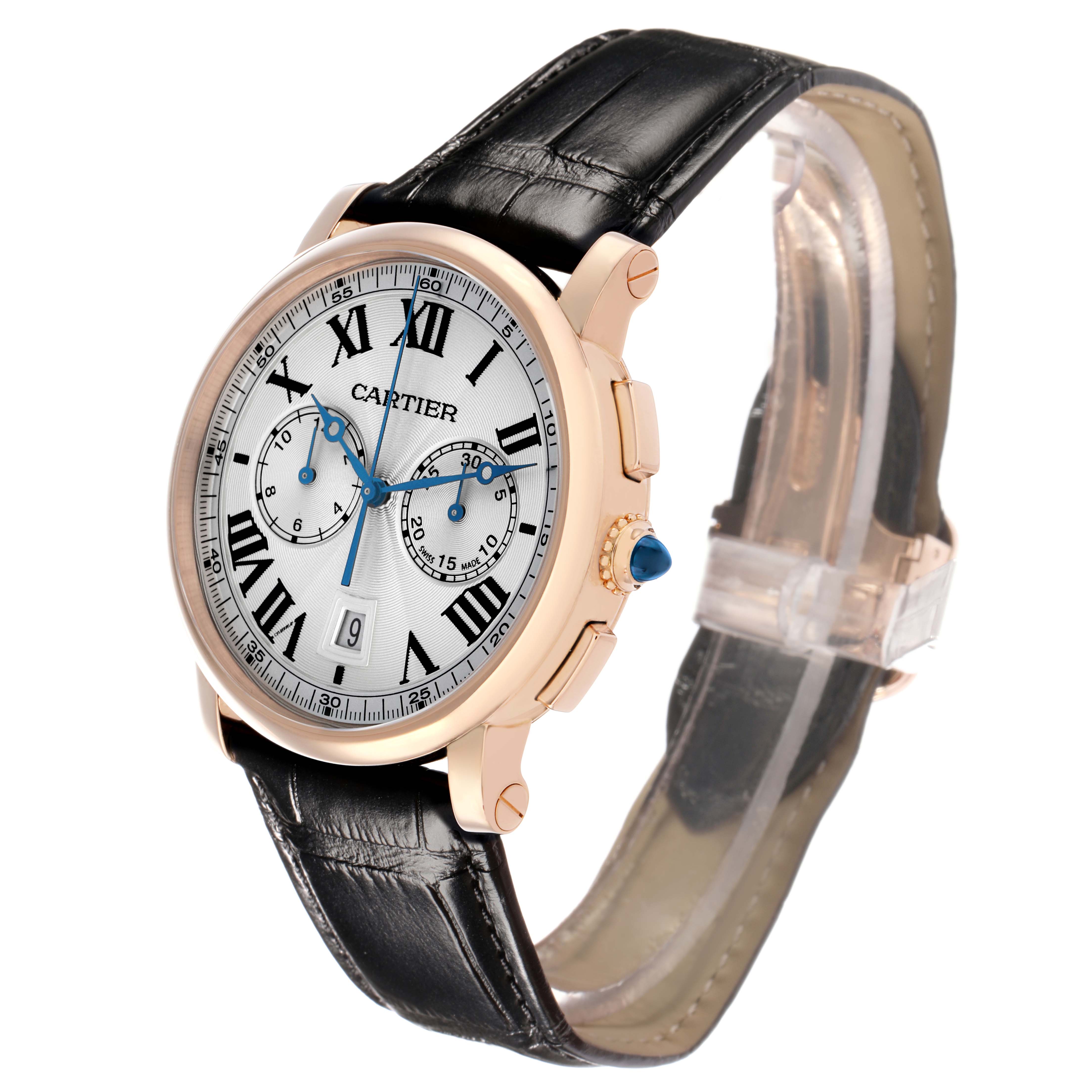 The Cartier Rotonde W1556238 Men's Rose Gold Silver Dial watch is shown at a slight angle, displaying the face, crown, pushers, and leather strap.