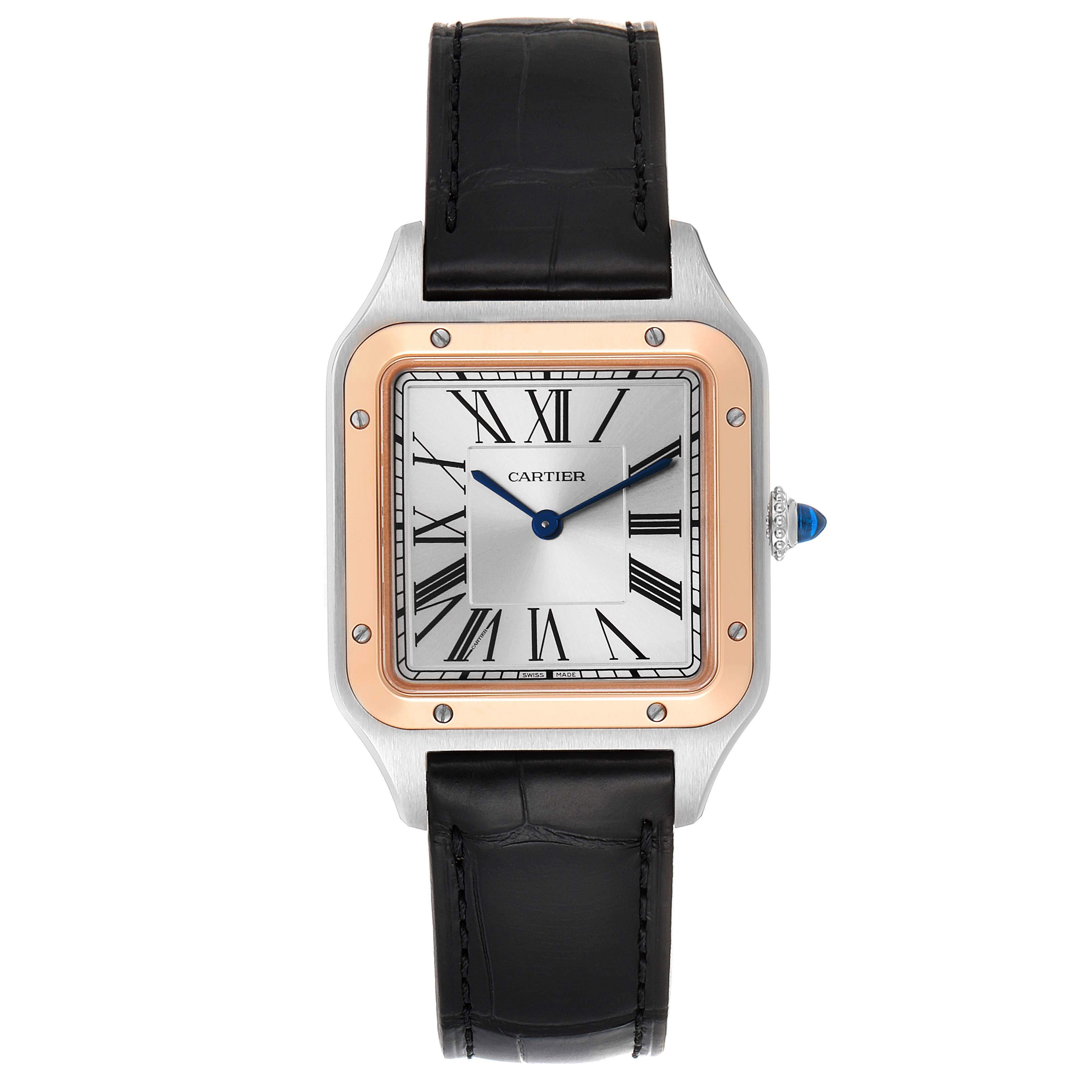 The image shows a frontal view of a Cartier Santos Dumont W2SA0011 Men's Stainless Steel Silver Dial W2SA0011 Men's Stainless Steel Silver Dial watch, displaying its face, bezel, and leather strap.