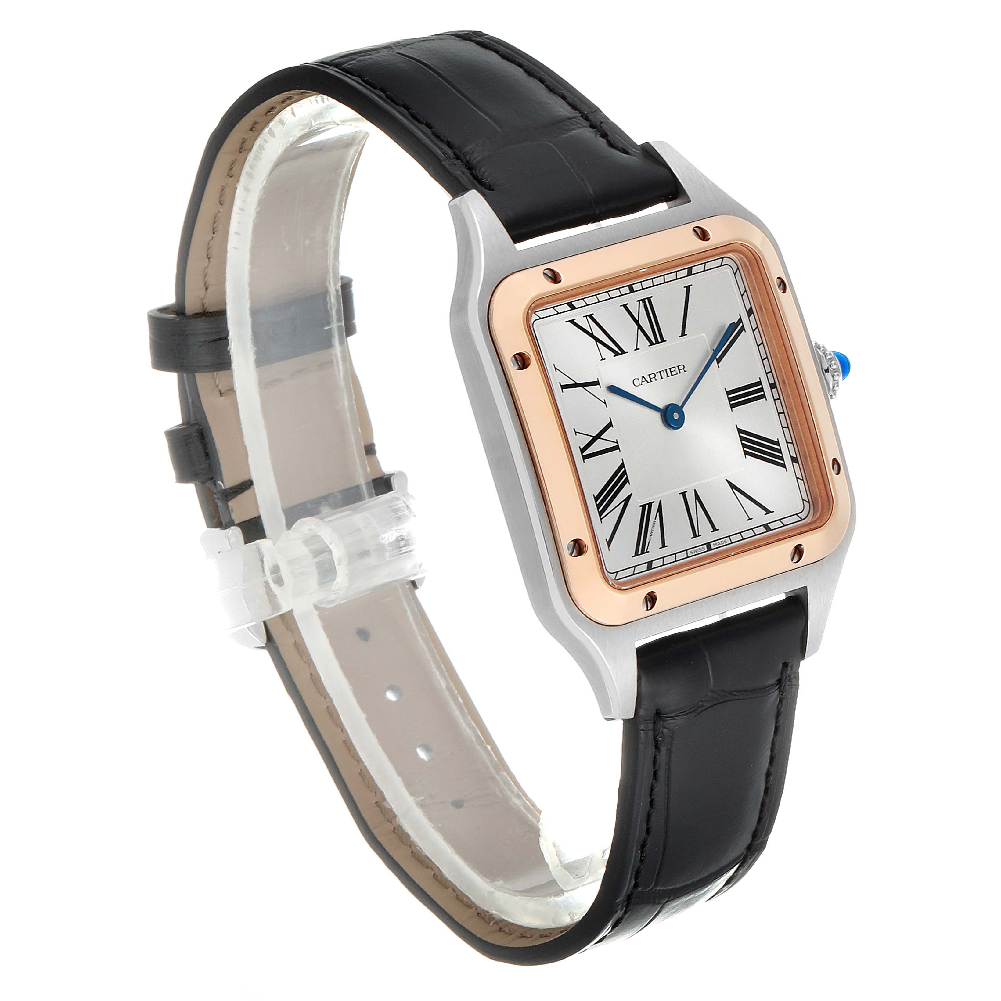 The image shows a Cartier Santos Dumont W2SA0011 Men's Stainless Steel Silver Dial W2SA0011 Men's Stainless Steel Silver Dial watch at a three-quarter angle, highlighting the face, case, bezel, and black leather strap.