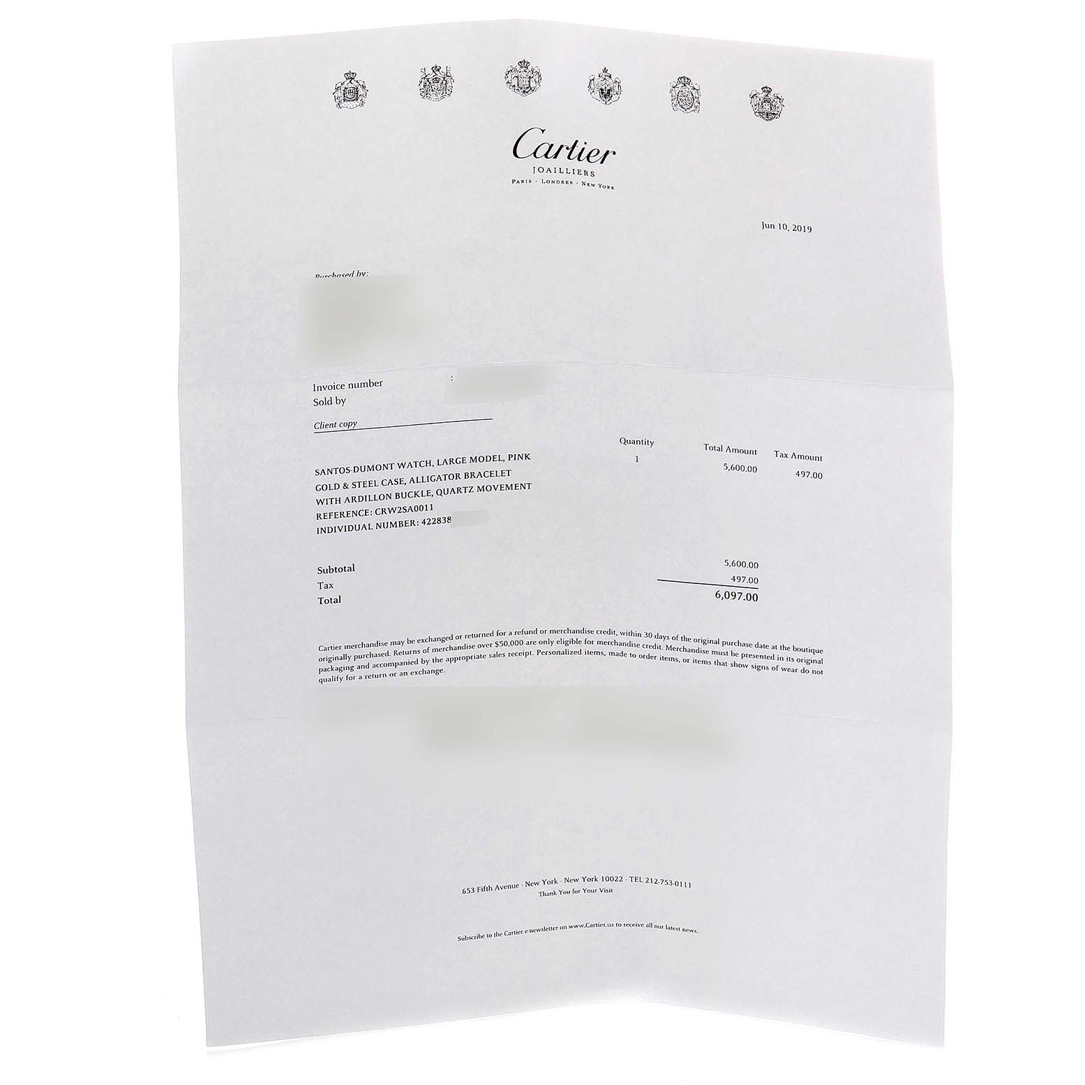 The image shows a purchase receipt for a Santos Dumont watch by Cartier, detailing its model and price.