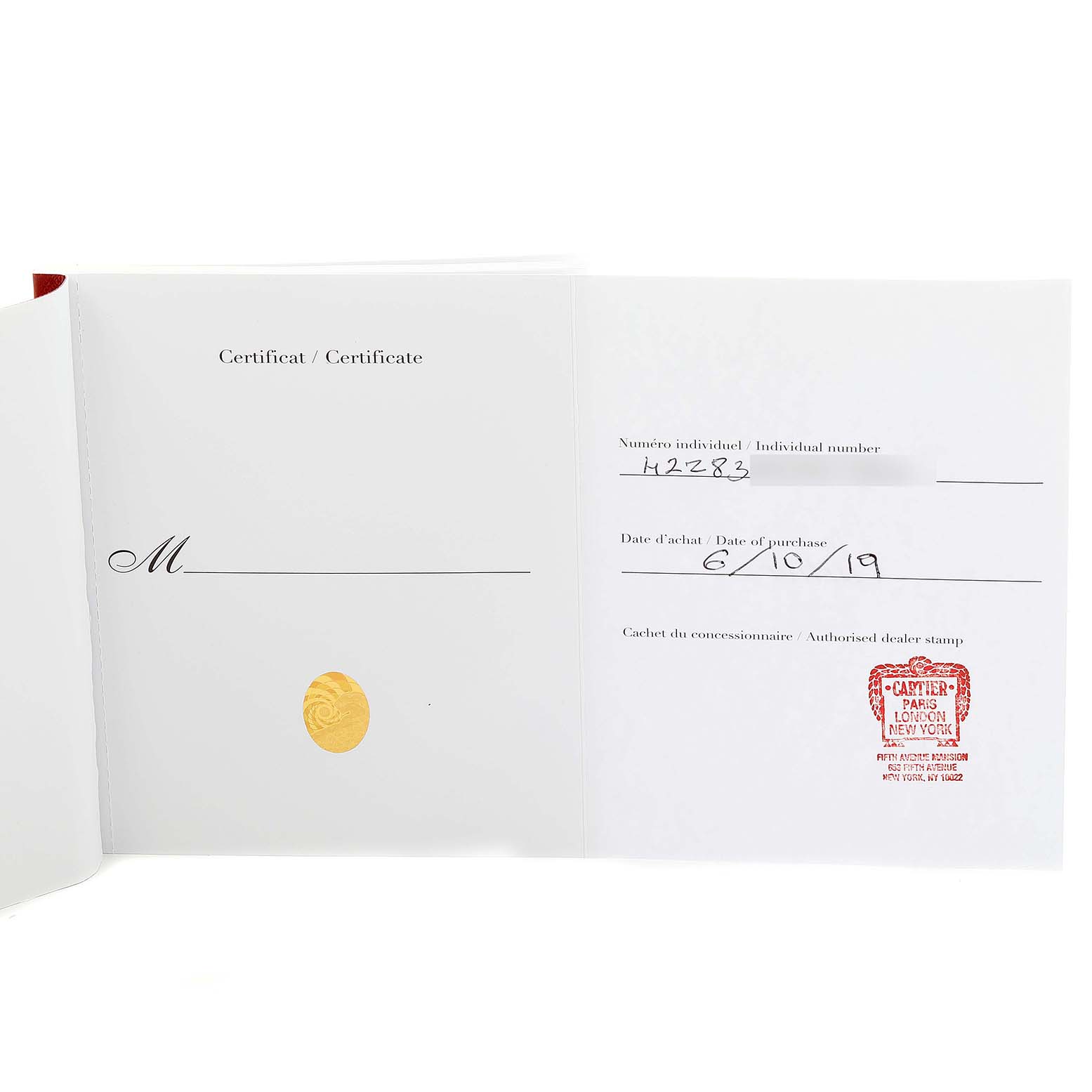 This image shows a certificate booklet for the Santos Dumont model by Cartier, displaying individual number, purchase date, and dealer stamp.